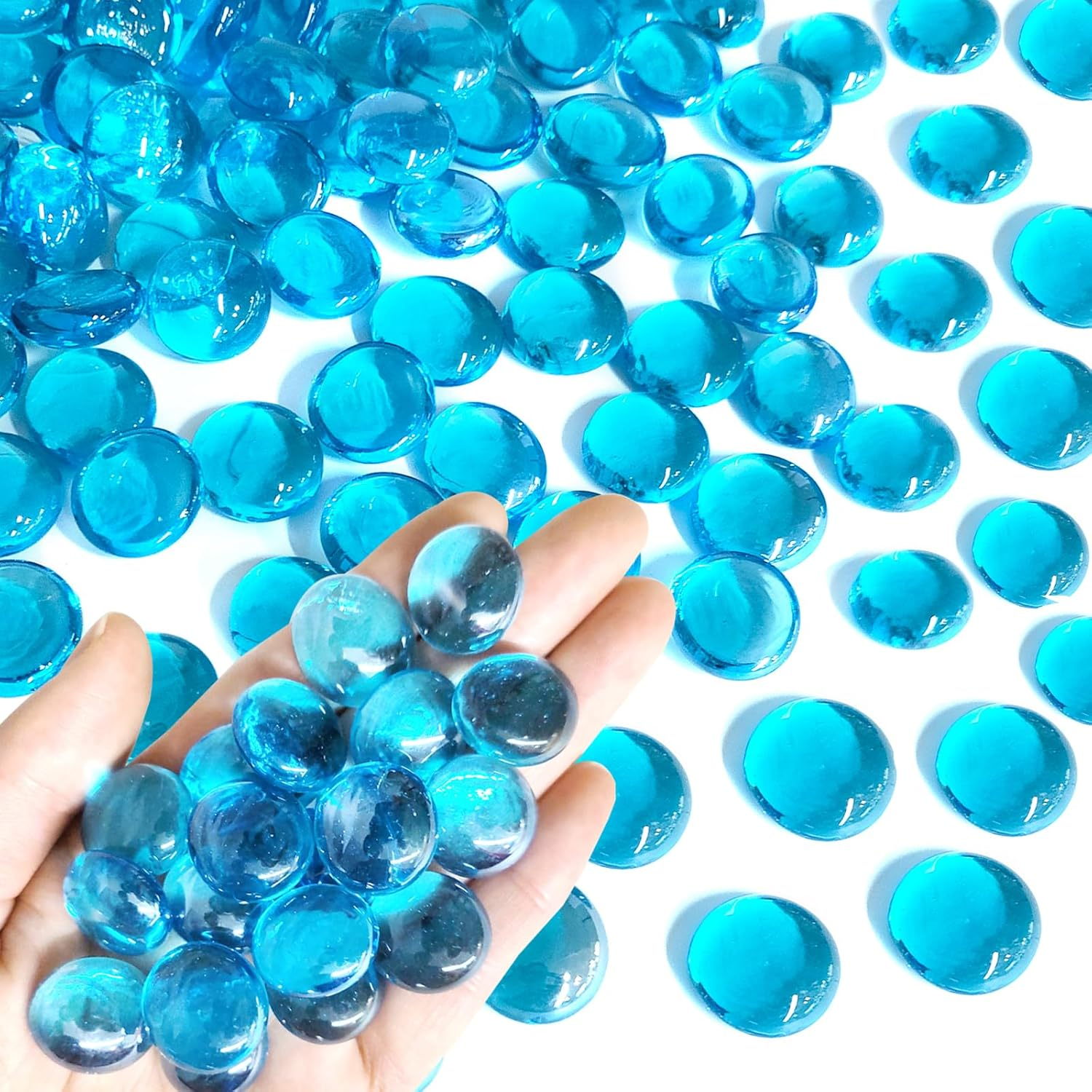 5Lb Blue Flat Glass Marbles for Vase Fillers, 500 PCS Glass Pebbles, Decorative Glass Rocks for Vase Fish Tank Candle Fountains Crafts Centerpieces Firepit and Home Decor