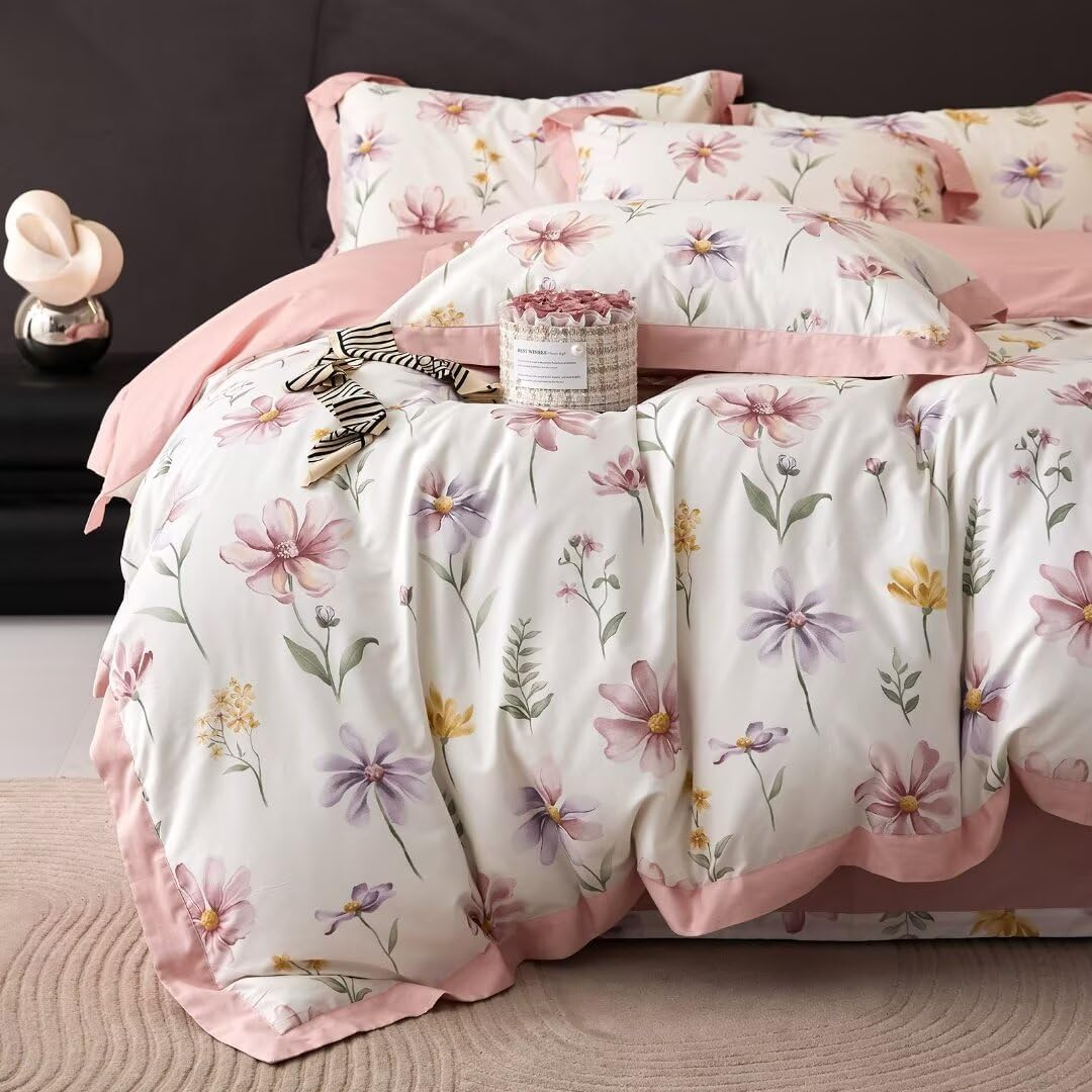 MKXI Garden Floral Duvet Cover Pink Princess Bedding White Aesthetic Duvet Cover Rustic Flowers Print Full Size Charming Floral Comforter Cover Pink and White 100% Cotton image number 5