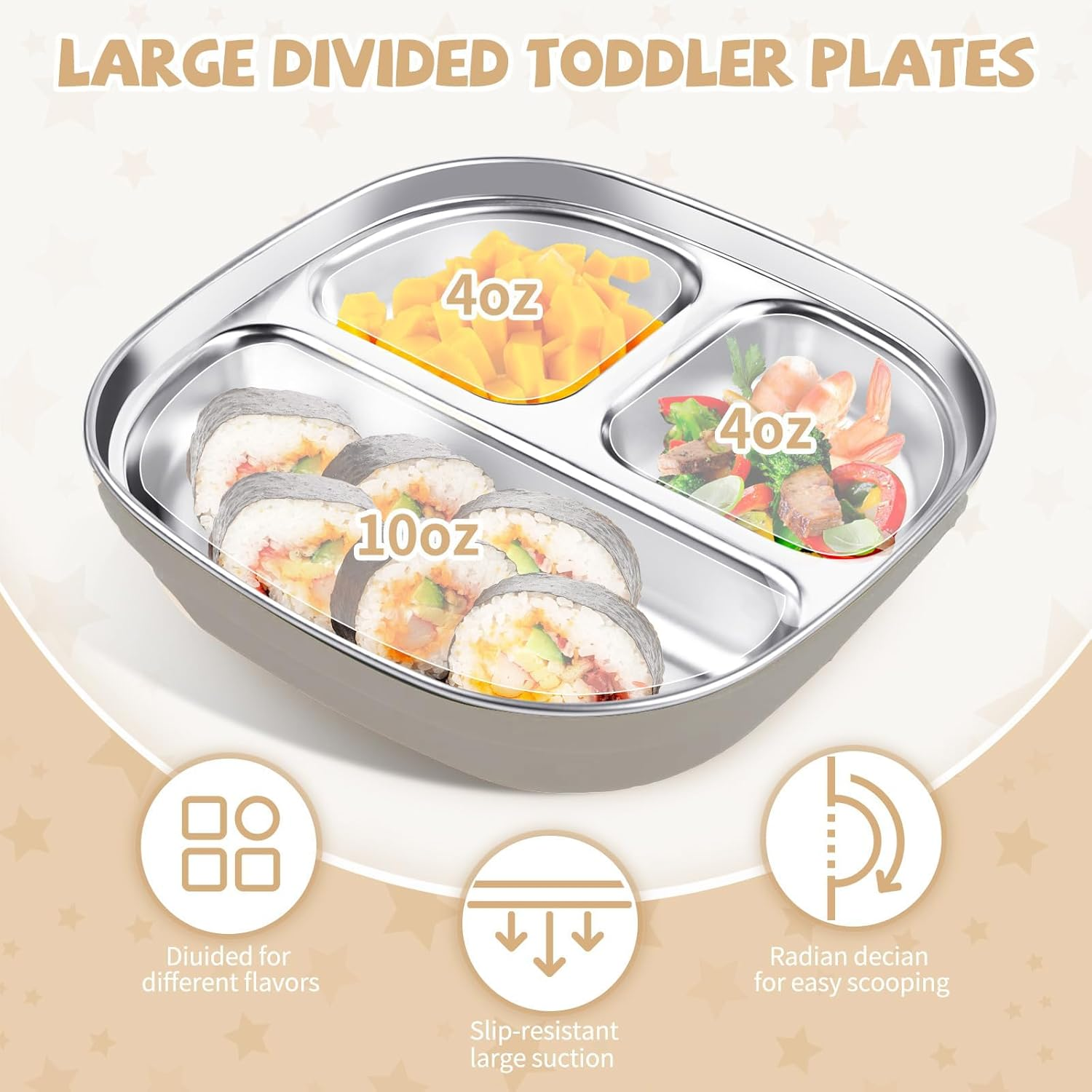6 Pcs Stainless Steel Kids Plates and Bowls Set with Suction, Contain Deep-Divide Toddler Plates, Bowls, Cup, Utensils & Bib &ndash; Bpa-Free 304 Steel + Silicone Suction &ndash; Dishwasher Safe (Grey) ﻿ image number 6