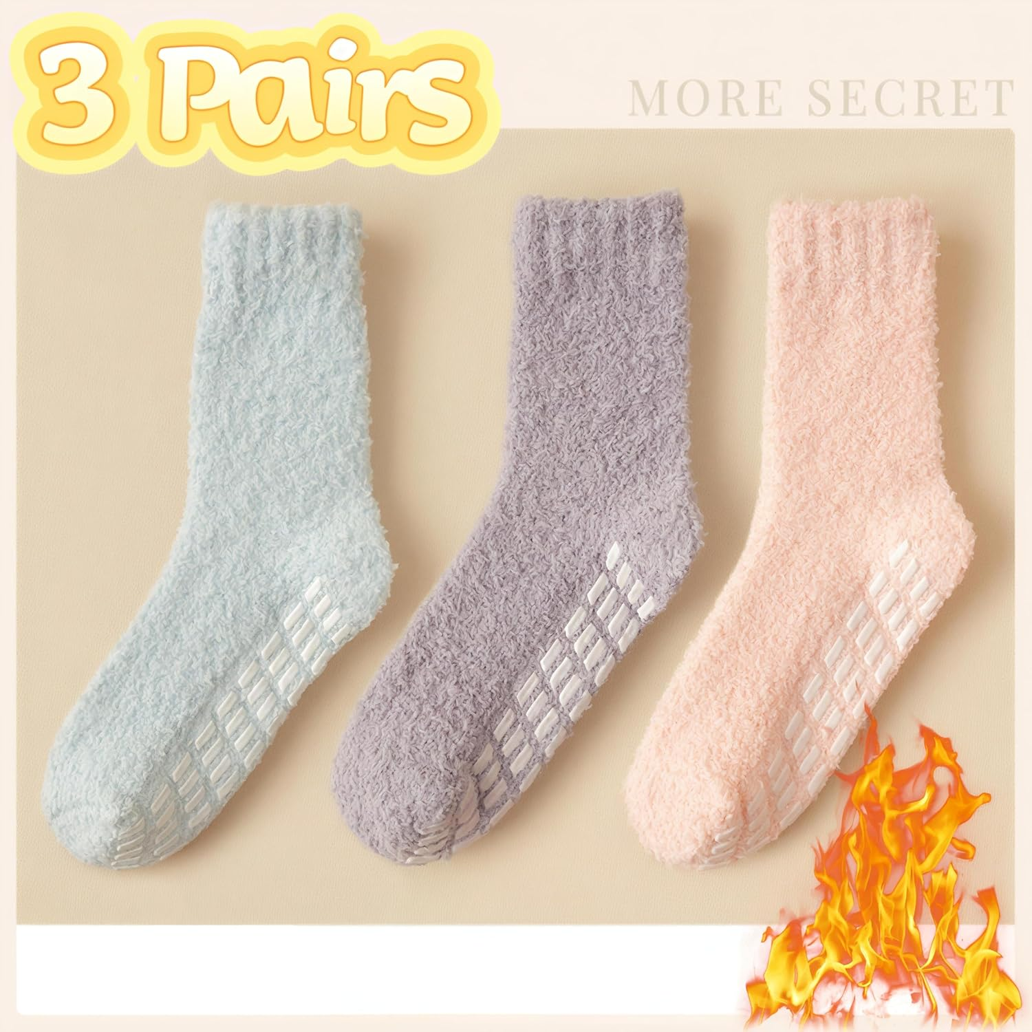 Unisex 3-Pack Non-Slip Winter Socks - Couple Cozy Thermal Fleece Bed Socks with Anti-Skid Grips - Soft Coral Fluffy Floor Sock for Sleeping, Lounge & Home Mid-Crew image number 4