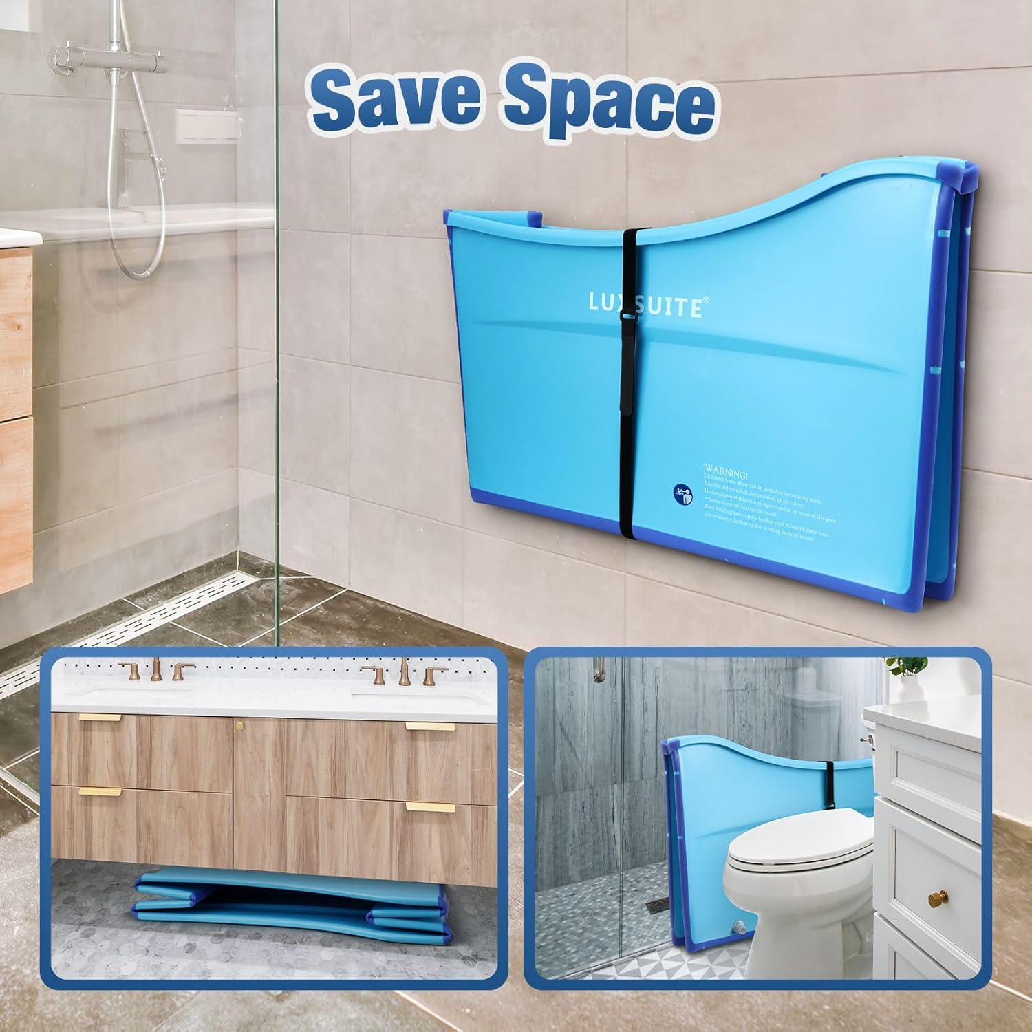 Large Foldable Bath Tub Bathroom Soaking Freestanding Plastic Portable Collapsible Modern Shower Bathtub, Blue