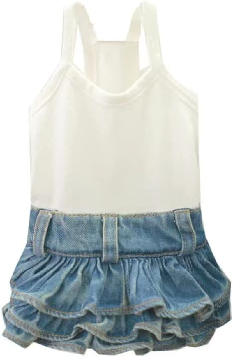 Taniwina Pet Costume Cotton Bottoming Denim Cake Skirt Pet Clothes for Small Dogs (M,Dark Blue White Base) image number 2