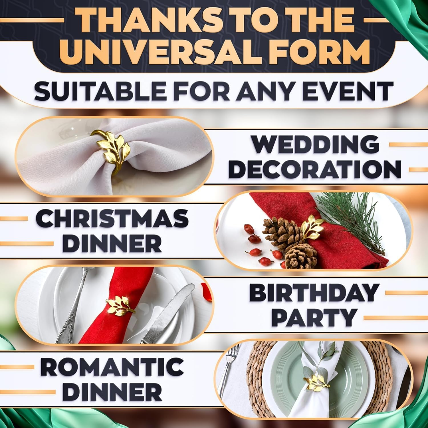 20 Pieces Gold Napkin Rings - Gold Leaf Napkin Rings Gold Ring Napkin Holder Dining Table Decor Flower Napkin Rings Boho Napkin Rings Leaves Tea Party Decor Modern Napkin Holder for Table Napkin Ring image number 4