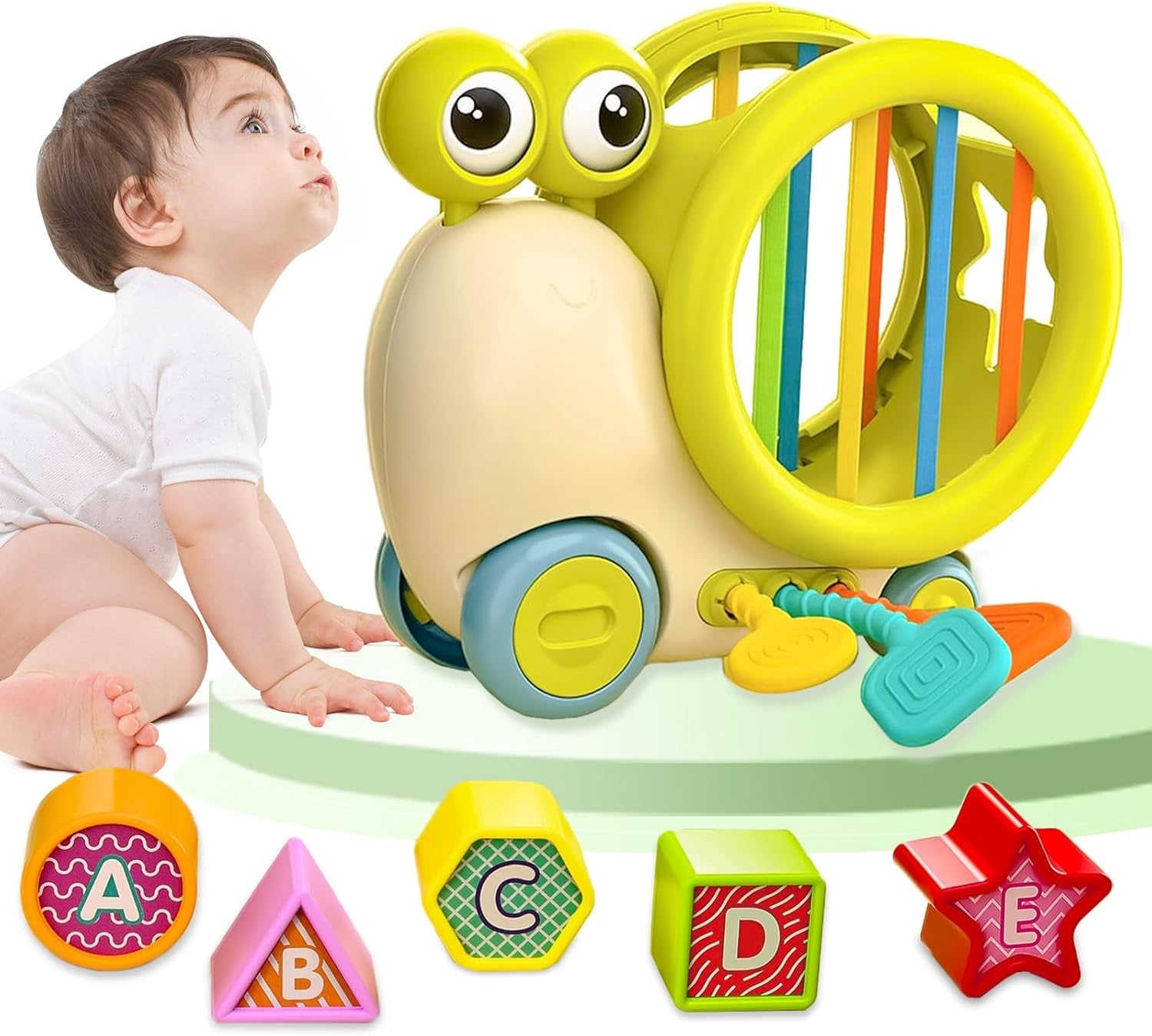 Caunedy Snail Activity Cube, Montessori Toy Sensory and Educational Toddler Toys with Shape Sorter and Pull String, Education Cube for Baby Plane Travel,Gift for Boy and Girl 1 2 3 Year Old image number 6