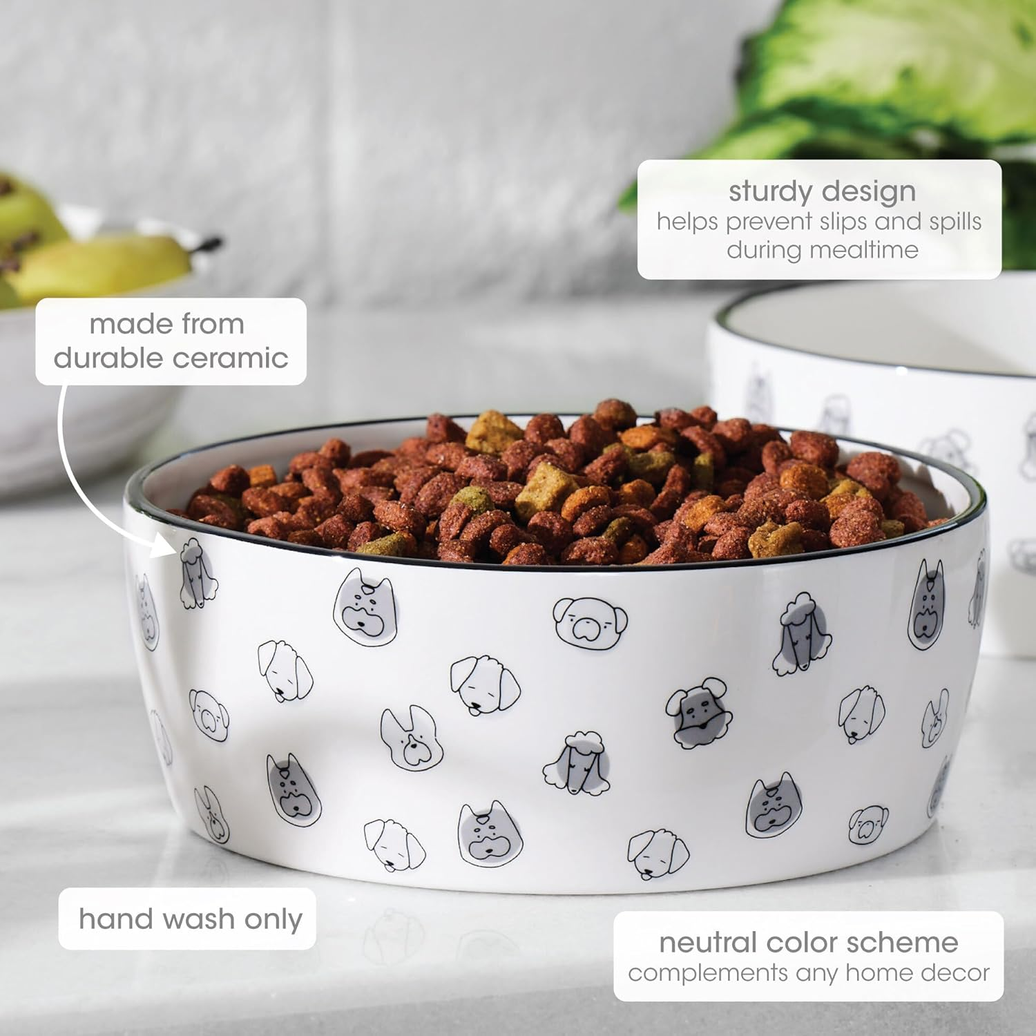 Pearhead Dog Bowl, Dog Faces Pet Bowl, Ceramic Dog Food Dish, Microwave & Dishwasher Safe, Gray & White, Holds 9 Cups, Large image number 1