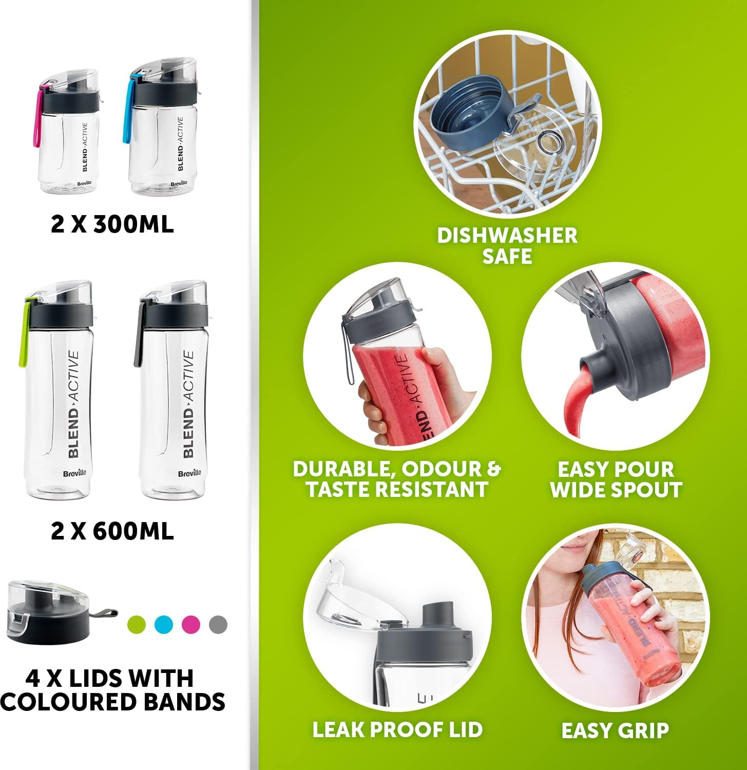 Breville Blend Active Personal Blender & Smoothie Maker | 350W | Family Pack | 4 Portable Blend Active Bottles (300Ml | 600Ml) | Leak Proof Lids | White & Green [VBL252] image number 1
