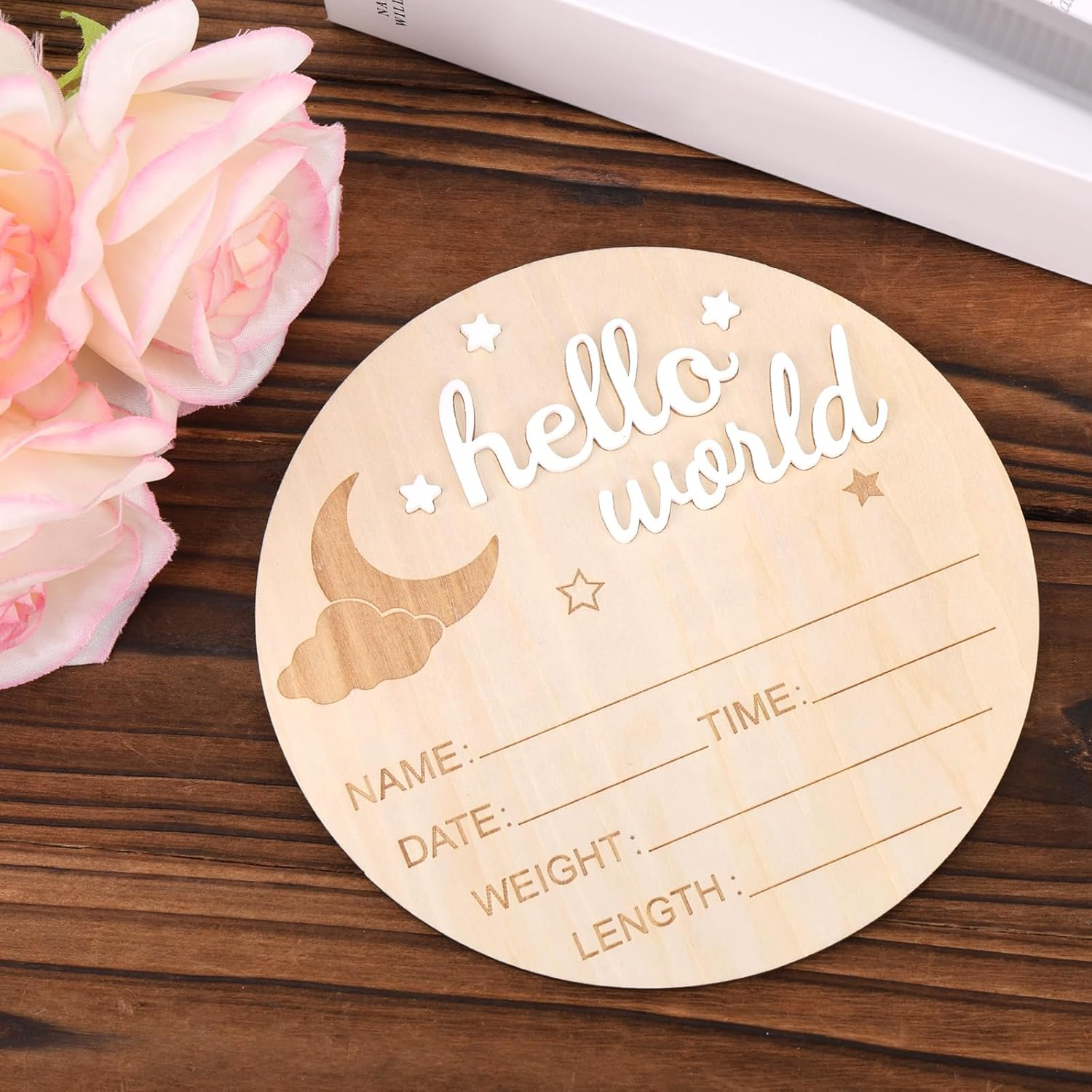 Wooden Hello World Newborn Sign, 5.8In Birth Announcement Board Baby Name Plaque Birth Stats Board for Boys and Girls Cute Nursery & Hospital Photo Prop image number 6
