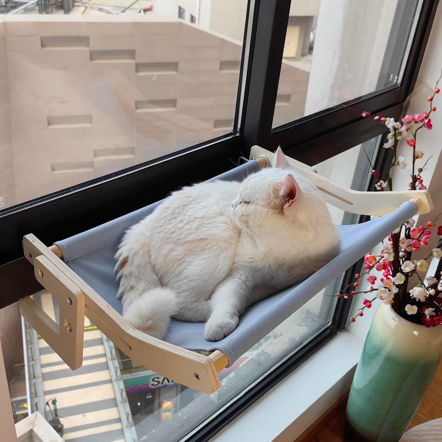 Cat Bedside Hammock and Window Perch, Cat Bed Attachment for Human Bed, Perfect for Indoor Cats Inside, Easy to Adjust and Attach to Windowsill & Bedside (Blue, L)