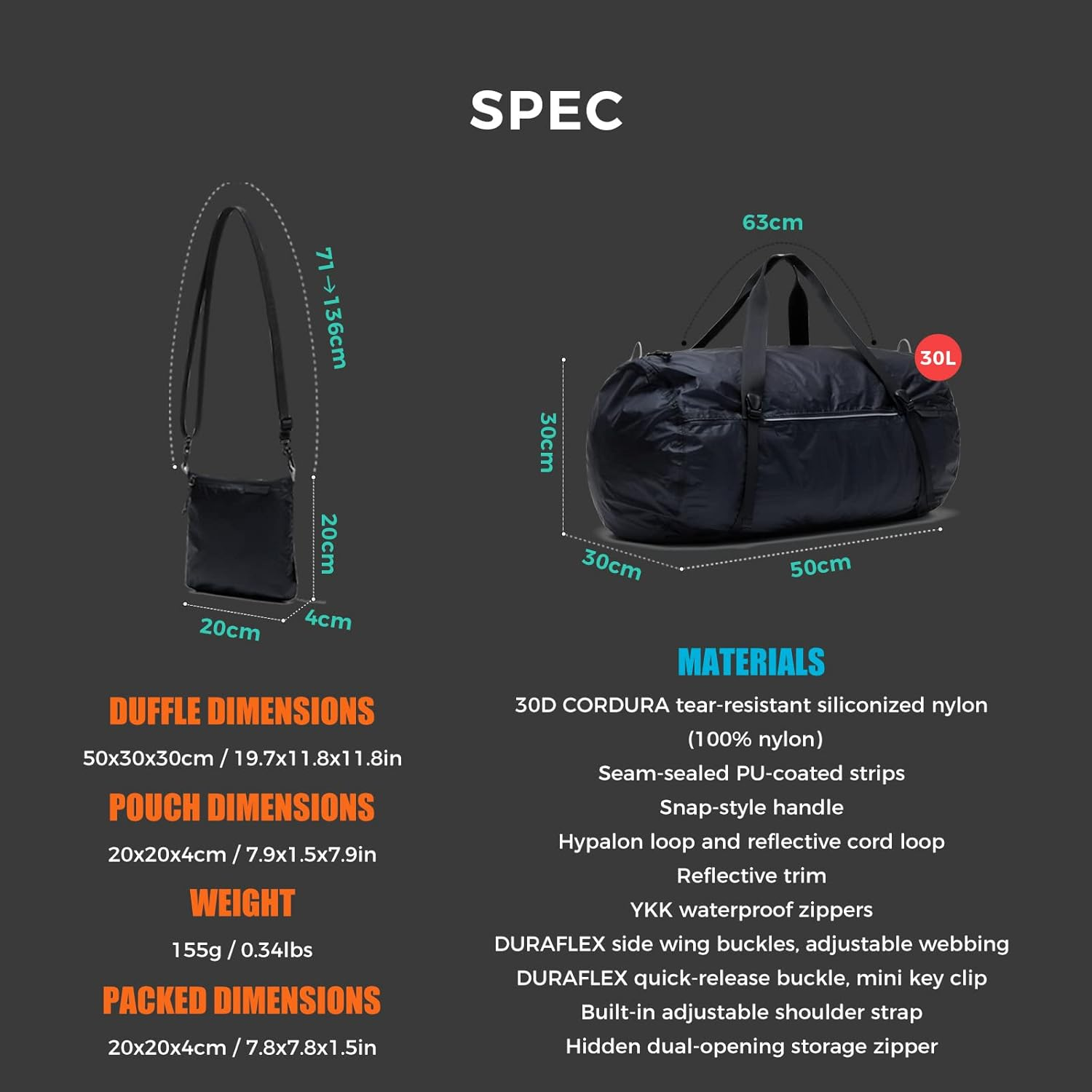 Bee Nesting Ultralight Travel Duffle Bag Foldable Travel Bag YKK Zipper 30D Cordura Waterproof Nylon Fabric Weekender Bag Overnight Bag for Travel, Gym, Sports (Black, 30L) image number 2