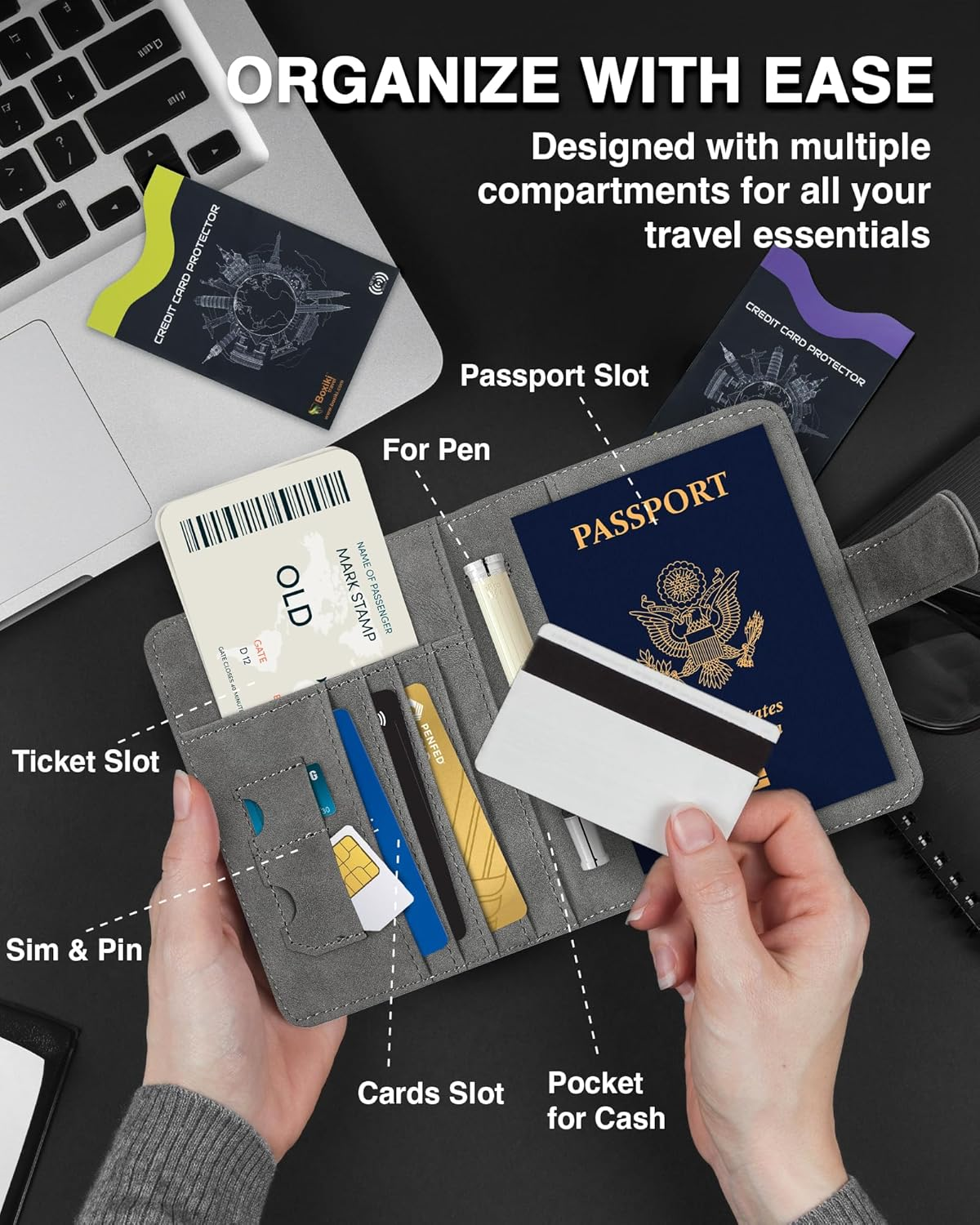 Boxiki Travel PU Leather Passport Holder Travel Wallet &ndash; Passport Cover for Passport & Credit Cards with Ultra-Compact Design for Secure Traveling &ndash; Ideal for Men and Women image number 5