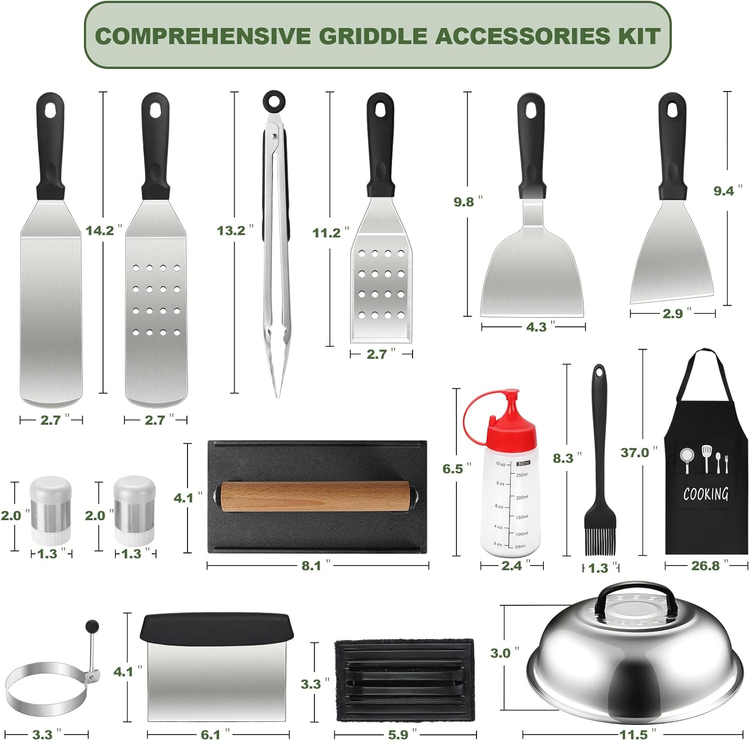 20PCS Griddle Accessories Kit, Flat Top Grill Accessories Set for Blackstone and Camp Chef, Grill Spatula Set with Enlarged Spatulas, Basting Cover, Lron Smash Burger Press for Outdoor Barbecue image number 2