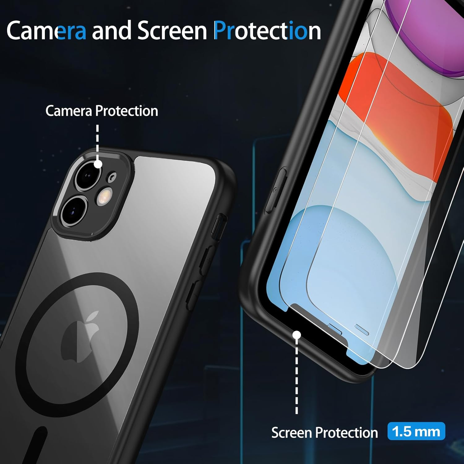 Magnetic Case for Iphone 11 6.1 Inch,Compatible with Magsafe,[2-Pack Tempered Glass Screen Protector] Full-Body Shockproof Protective,Camera Protection Bumper Slim Phone Cover (Black) image number 3