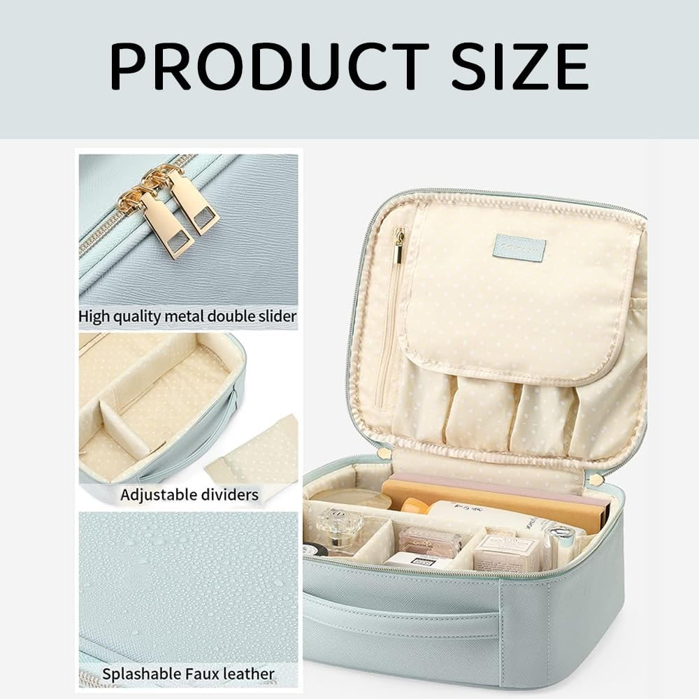 HYAVIA Travel Cosmetic Makeup Bag, PU Leather Large Storage Case with Multi-Compartments & Dividers for Brushes, Toiletries, Jewelry &ndash; Organizer with Handle
