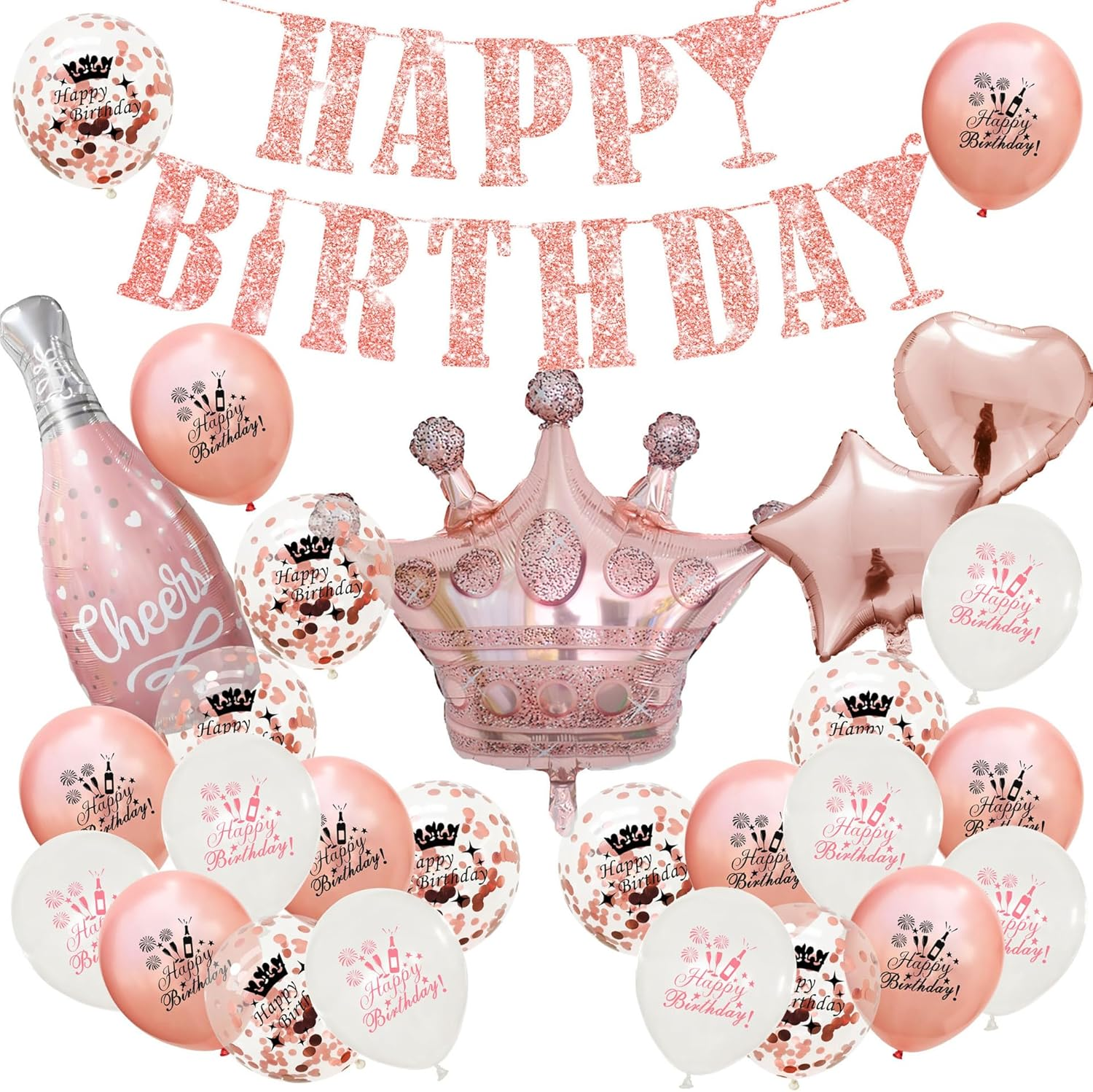 Rose Gold Birthday Party Decor Set with Happy Birthday Banner, Champagne Theme Decoration and Balloons - Multi-Item Pack for Milestone Celebrations (18)
