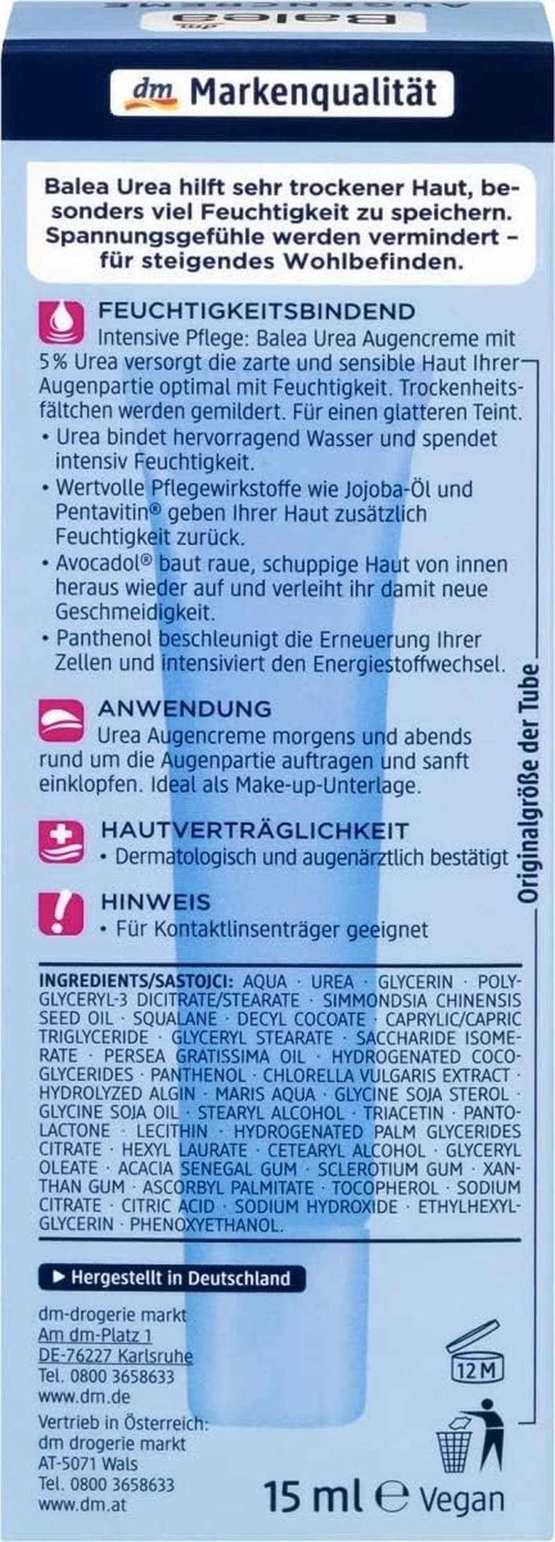 Balea Eye-Contour Cream for Very Dry Skin (5% Urea) - Optimum Hydration, Reduces Dry Lines & Wrinkles- Vegan/Not Tested on Animals - 15Ml image number 3