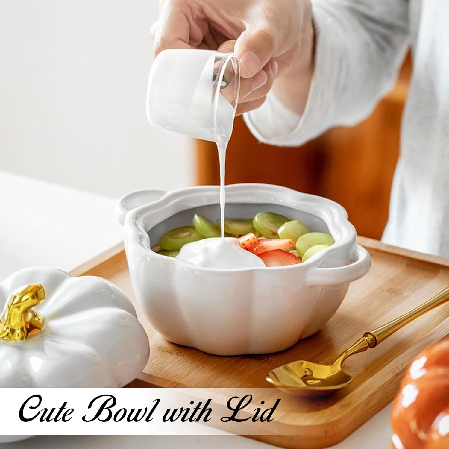 Cute Bowl with Lid, 15 Ounce Ceramic Pumpkin Soup Bowl with Handle, Microwave & Dishwasher Safe Pumpkin Dish Soup Cereal Bowl, Decor Dinnerware for Home Thanksgiving Halloween Party (White) - Green image number 5