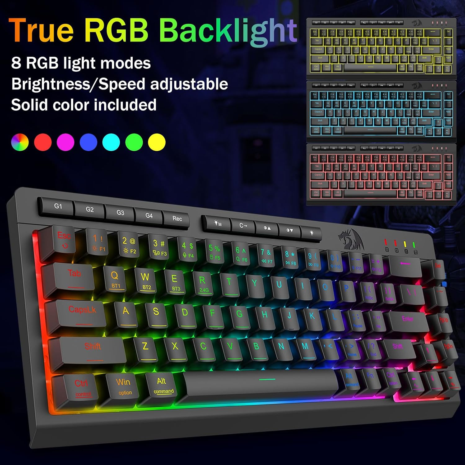 Redragon Portable Wireless Gaming Keyboard, Extra On-Board Macro Keys, Bluetooth/2.4Ghz/Usb-C, RGB Backlit, Anti-Ghosting, Rechargeable, Software Support, 60% Quiet Membrane Keyboard image number 2