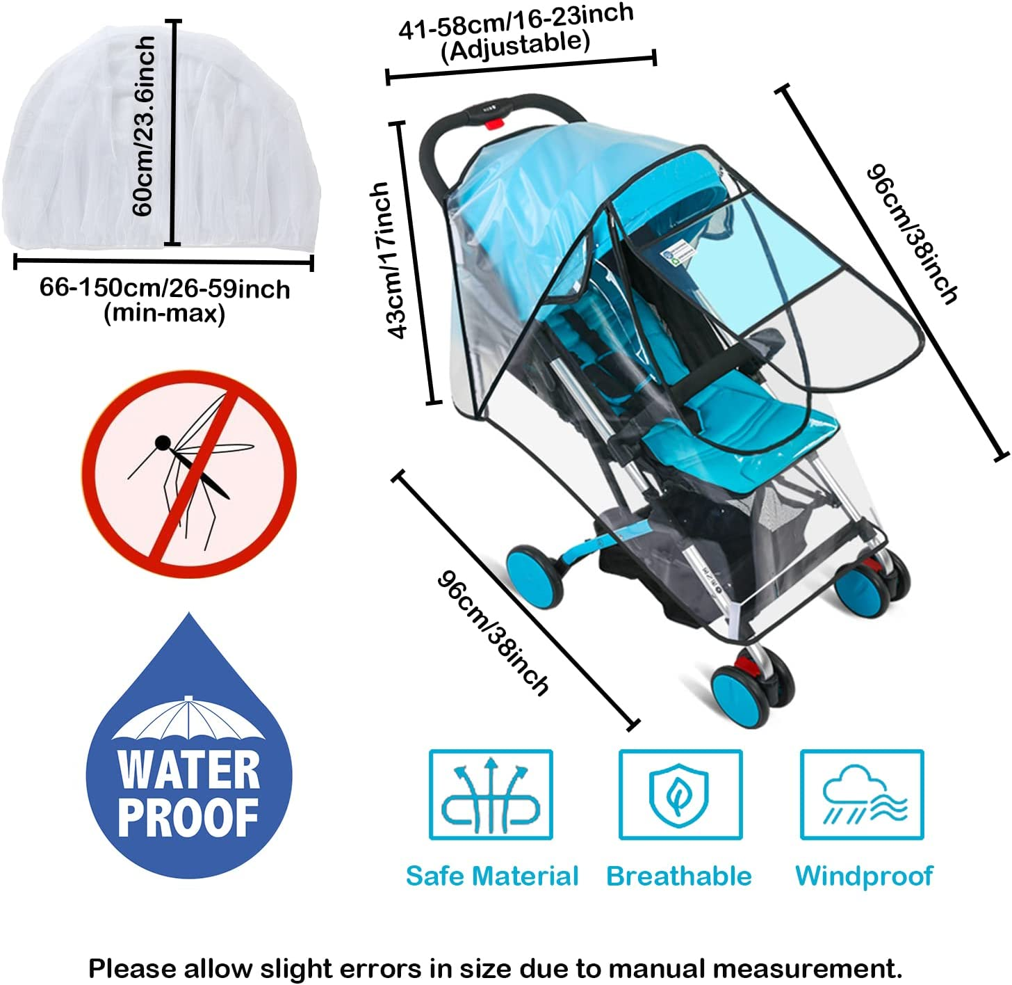 Stroller Rain Cover + Baby Stroller Mosquito Net (2Pcs), Universal Stroller Accessory Waterproof Windproof Baby Travel Weather Shield with Air Vents Prevent Rain Snow Dust Sun Toddler Stroller Outdoor image number 6