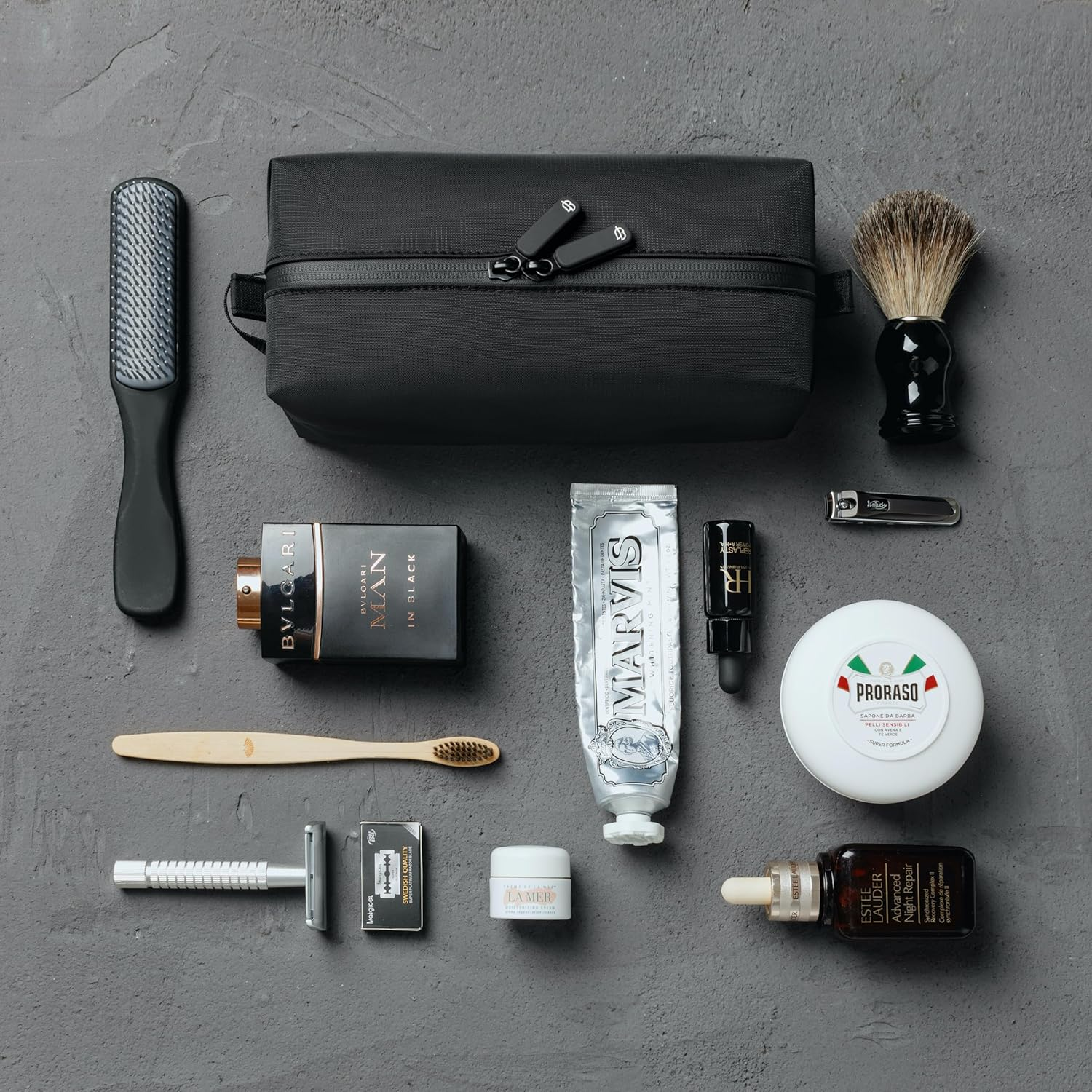 Comfyable Small Toiletry Bag for Men, Slim Mini Toothbrush Bag, Dopp Kit, Electronics, Tech, Gym, Water-Resistant Essentials Organizer, Black+, Medium, Functional image number 5