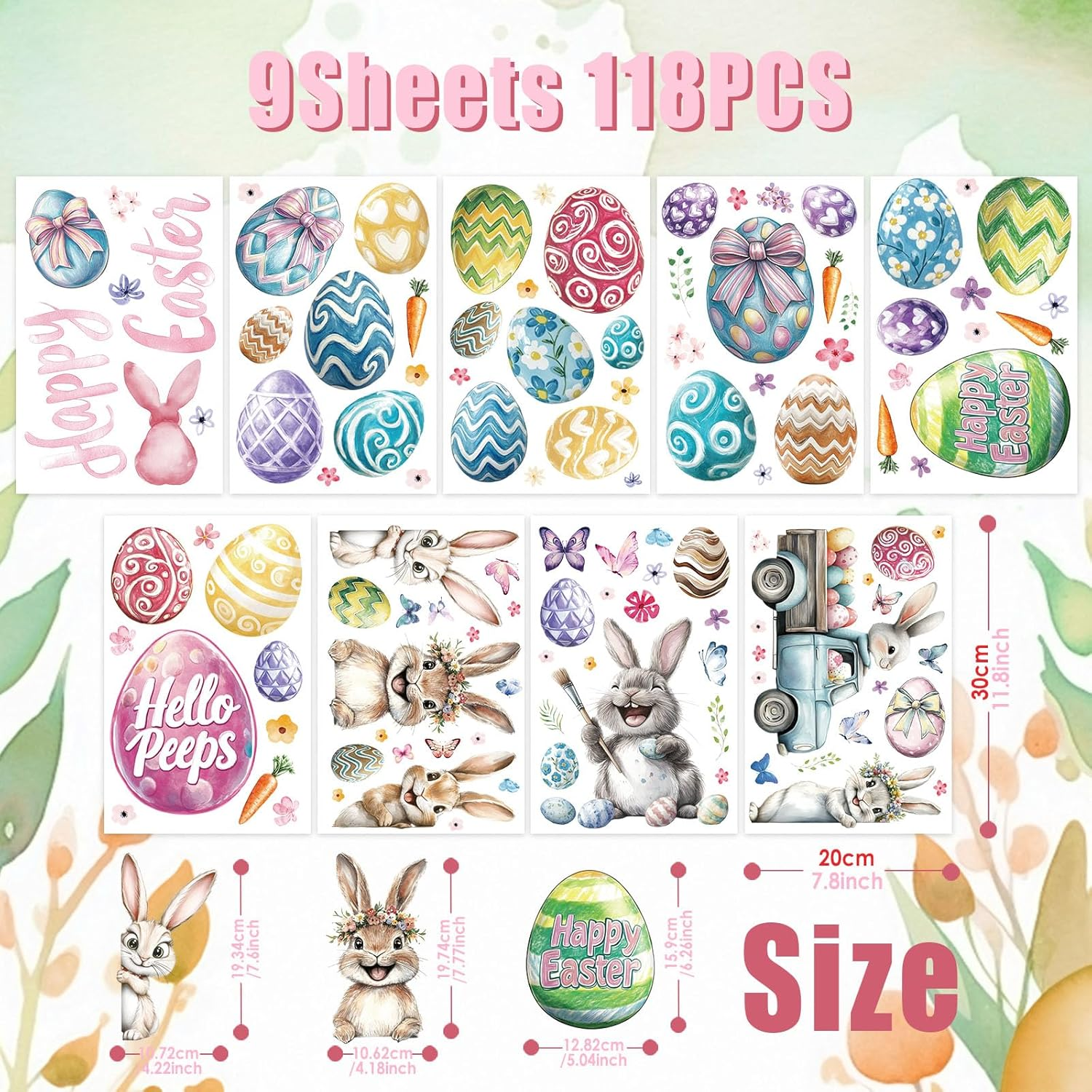 Hianjoo 118 PCS Easter Window Cling, 9 Sheets Easterday Bunny Window Stickers PVC Static Painting Style Sticker with Cute Rabbit Eggs Carrot Car Happy Easter, Flower Butterfly for Festival Decoration image number 1