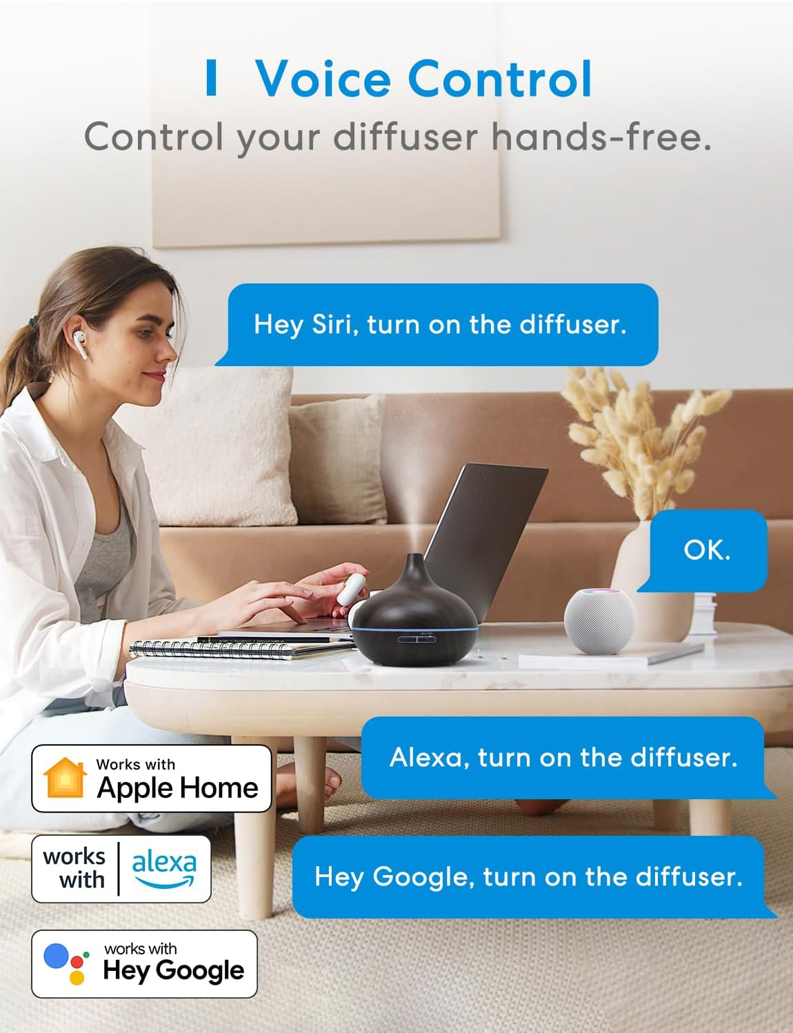 Smart Wifi Essential Oil Diffuser Works with Apple Homekit, Alexa & Google Home, Ultrasonic Aromatherapy Diffuser & Mist Humidifier with Voice & APP Remote Control, Schedule & Timer, RGB Light - Dark Wood Grain image number 5