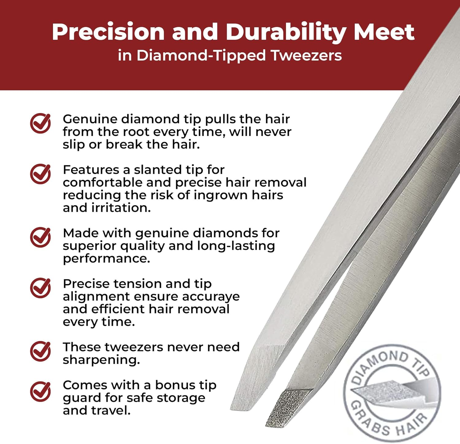 World'S Best Tweezers Diamond Tip - Diamond Coated Slant Precision Tweezer for Eyebrow, Facial & Ingrown Hair Removal - Suitably Aligned Stainless Steel Tool Grabs Hair from the Root