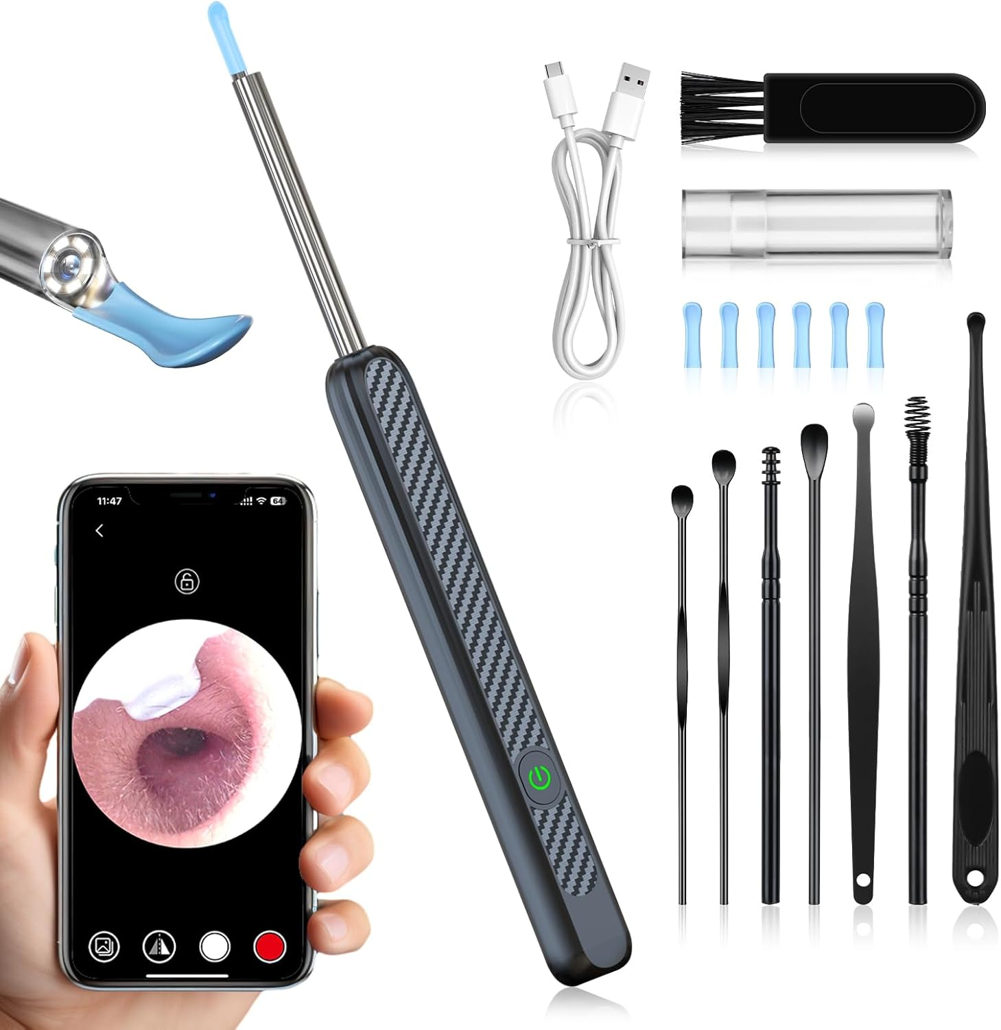 Ear Cleaner, Earwax Removal - Ear Wax Removal Tool with 8 Pcs Ear Set - Ear Cleaner with Camera and Light, 1080P - FSA HSA Eligible -Earwax Removal, Ear Wax Cleaner with 6 Ear Spoon - Ear Camera for Iphone Ios & Android (Black) image number 2
