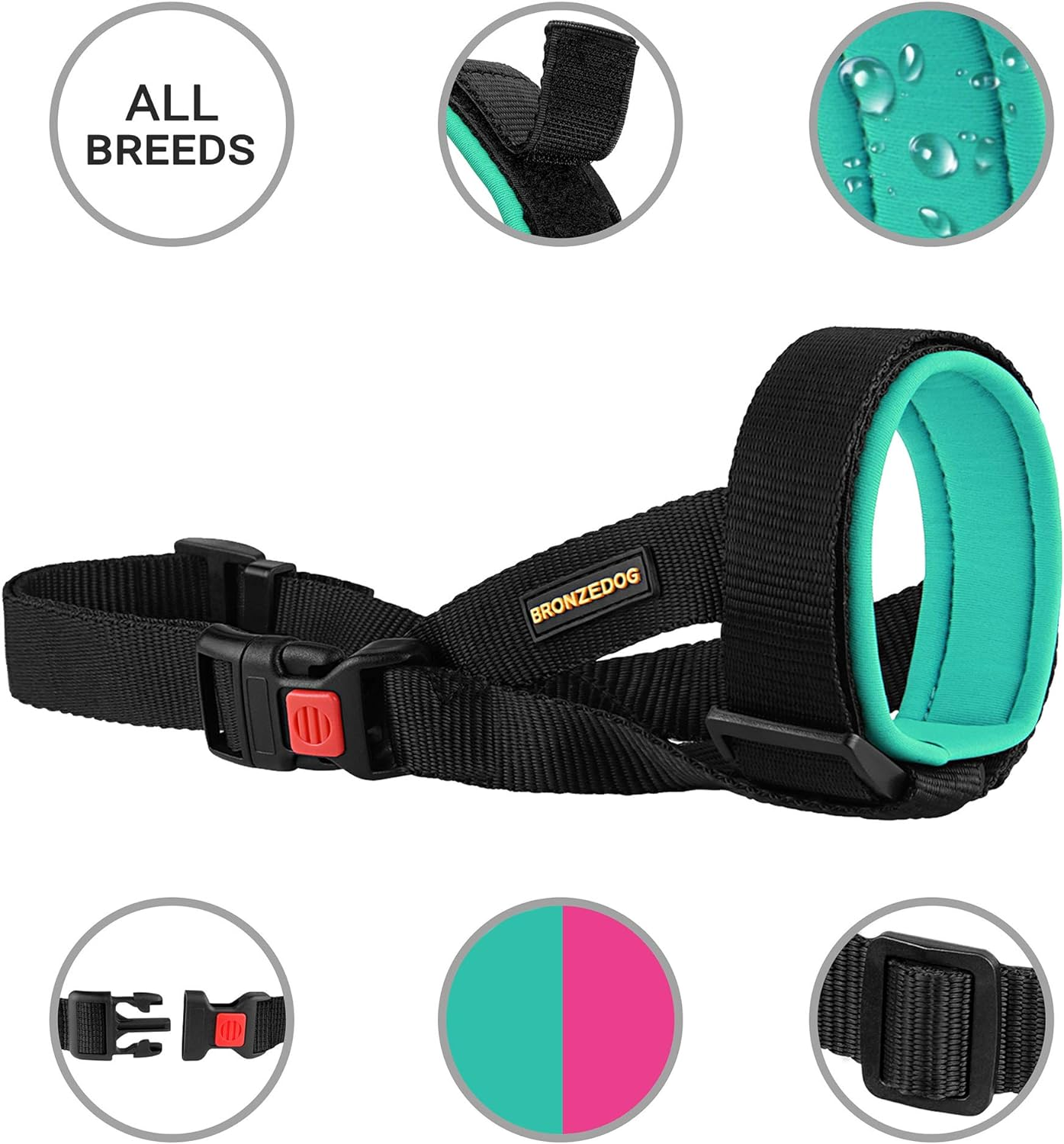 BRONZEDOG Soft Padded Dog Muzzle Adjustable Neoprene Comfort Bitting Chewing Pet Muzzles for Small Medium Large Dogs Puppy (S, Snout Strap 6"-9", Pink) image number 3