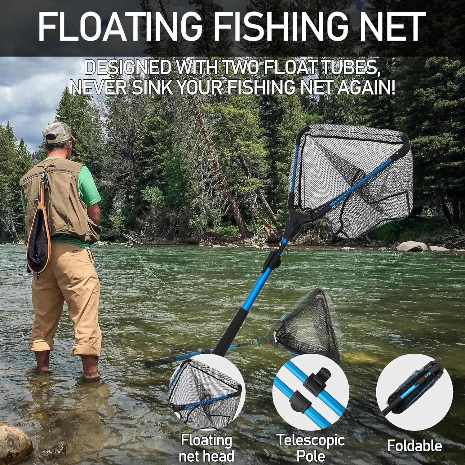 Uandhome Fishing Net, Foldable Collapsible Telescopic Fish Landing Net Rubber Coated Floating Fishing Net for Steelhead, Salmon, Fly, Kayak, Catfish, Bass, Trout Fishing, Extend to 73-92CM image number 6