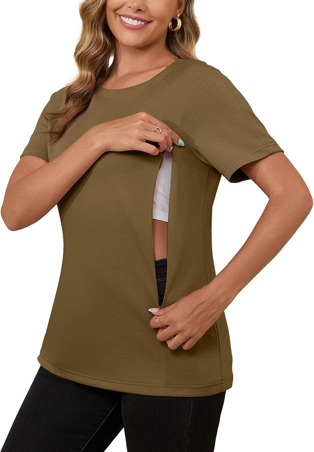 GINKANA Nursing Tops Breastfeeding Tshirt for Women Mama Zipper Distressed Loose-Fit Tee Pregnancy Clothes