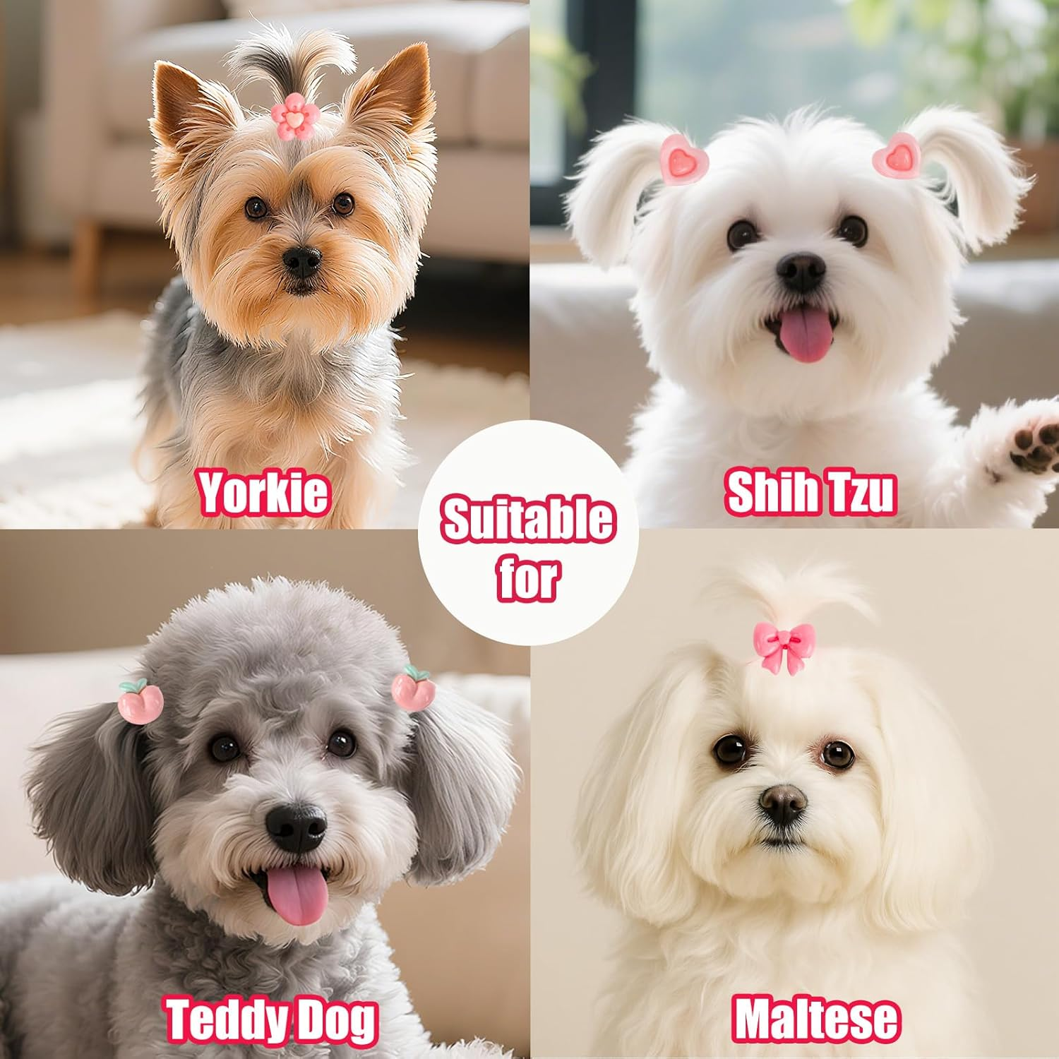 Lasuroa 20Pcs Dog Hair Bows with Rubber Bands, Pink Flower Bowknot Cherry Mix Style Cute Puppy Hair Accessories for Small Dogs Girl Hairties for Grooming and Daily Styling image number 4