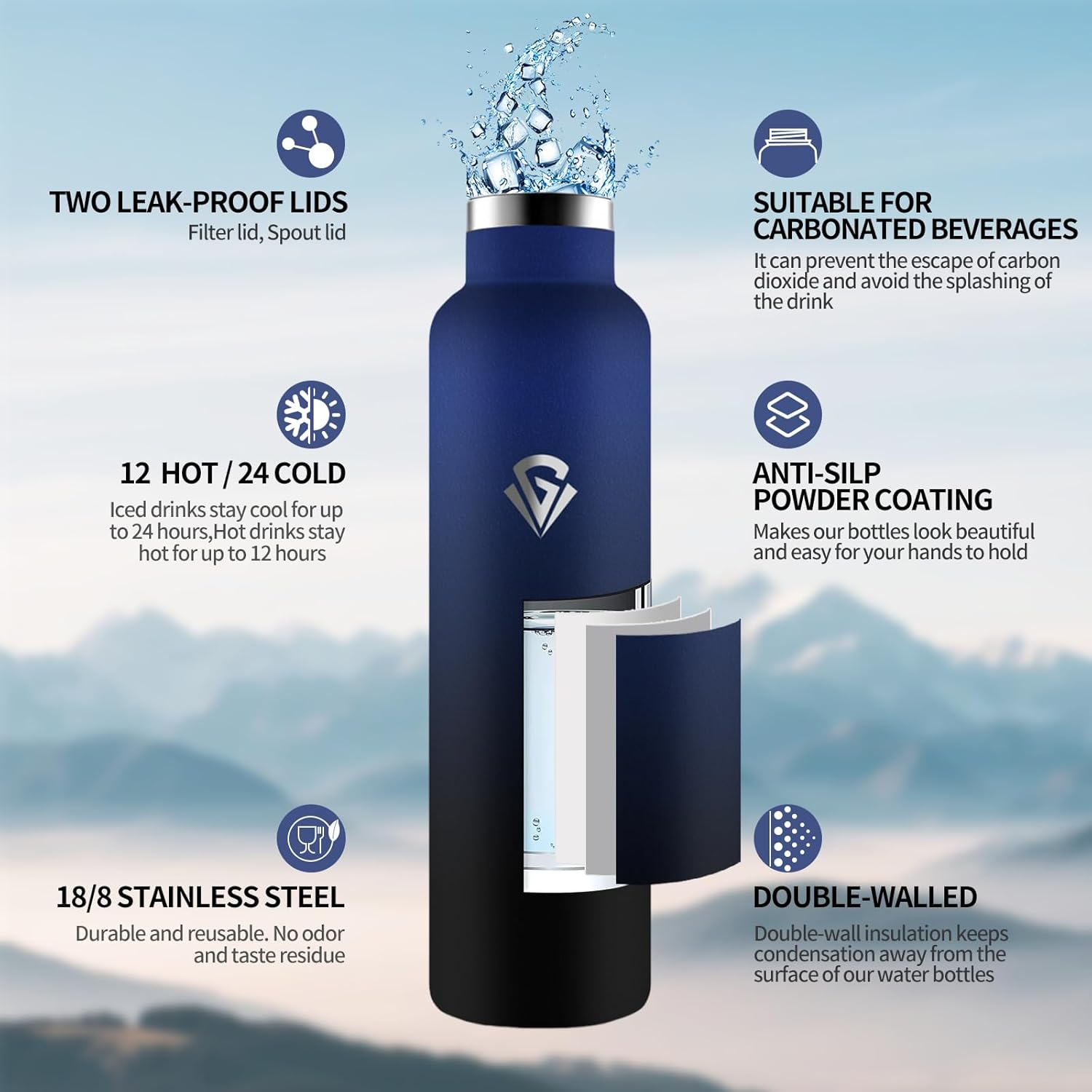 Honeyholly Stainless Steel Water Bottle 1 Litre, BPA Free Thermo Bottle, Thermal Water Bottle, Double Wall Vacuum Insulation, Cold Water Thermos, Thermal Canteen for Adults, Sport, Office image number 5