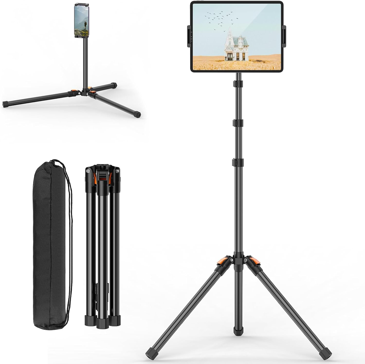 XXZU 182Cm/72In Tablet Floor Stand Tripod,Tablet Tripod Floor with 360&deg; Rotation Ball Head,Height Adjustable Stand Holder with Case,For Phone/Ipad/Music/Stream/Recording and All 4.7-13Inch Devices image number 6