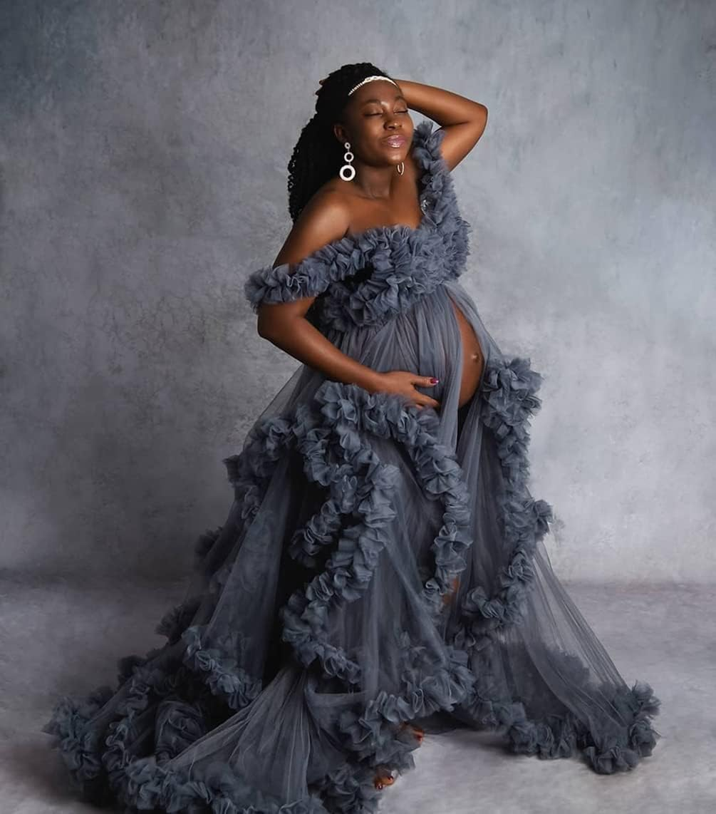 Qqcute Tulle Robe Maternity Dress for Photoshoot Fluffy Ruffle Bridal Lingerie Bathgown Pregnancy Gown Baby Shower Sleepwear