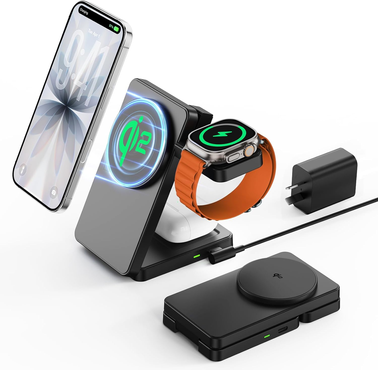 GEEKERA 3 in 1 Wireless Charging Station for Apple, Fast Wireless Charger Stand Dock for Iphone 17 16 15 14 13 12 11 Pro Max plus XR XS X, Apple Watch Ultra/11/10/9/Se/8/7/6/5/4/3/2, Airpods Pro/4/3/2