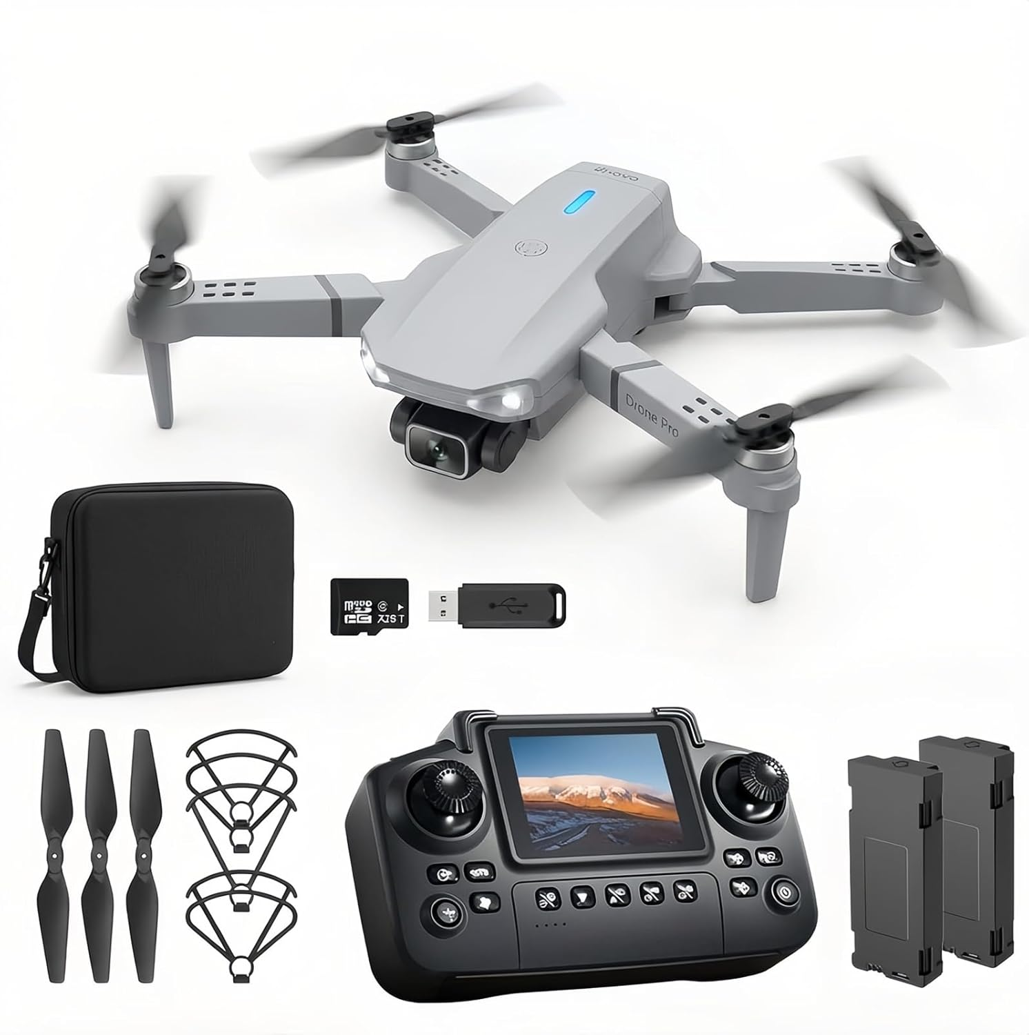 Elecci E88 Drone with Screen Controller with SD Card, Foldable Mini Drone for Beginners, 2 Batteries, 360&deg; Flips Waypoint Fly, Active Obstacle Avoidance, One Key Take Off/Landing. (2 Batteries - Black