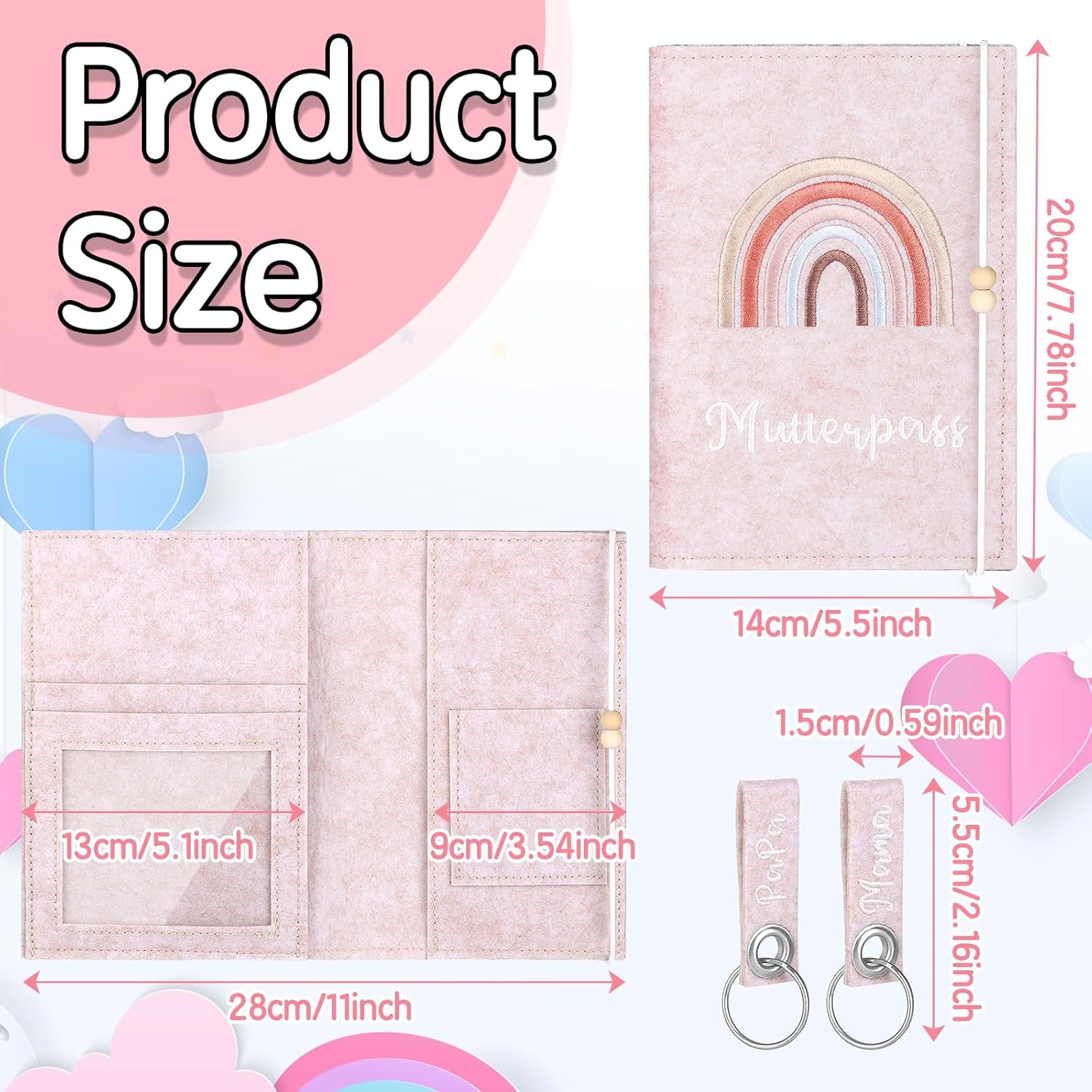 Maternity Log Protective Cover, German Maternity Log Cover Felt, Maternity Log Cover Rose with 2 Key Chains, Cover Maternity Log with Compartments for Ultrasound Image, Vaccination Certific image number 1