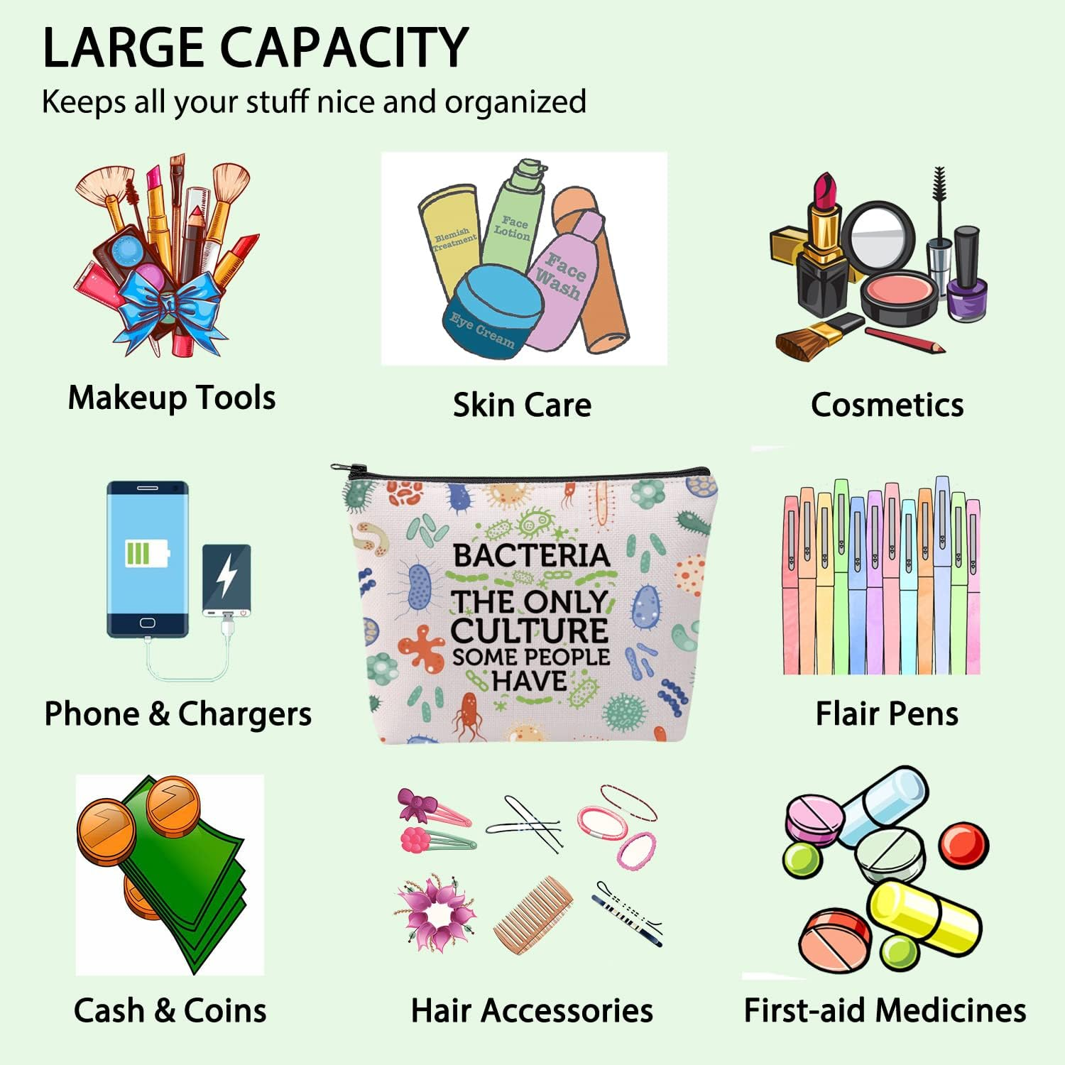 Biology Teacher Gift Microbiogist Survival Kit Med School Gift Germaphobe Gift Biology Science Makeup Bag Graduation Gift, White, Bacteria Uk image number 1