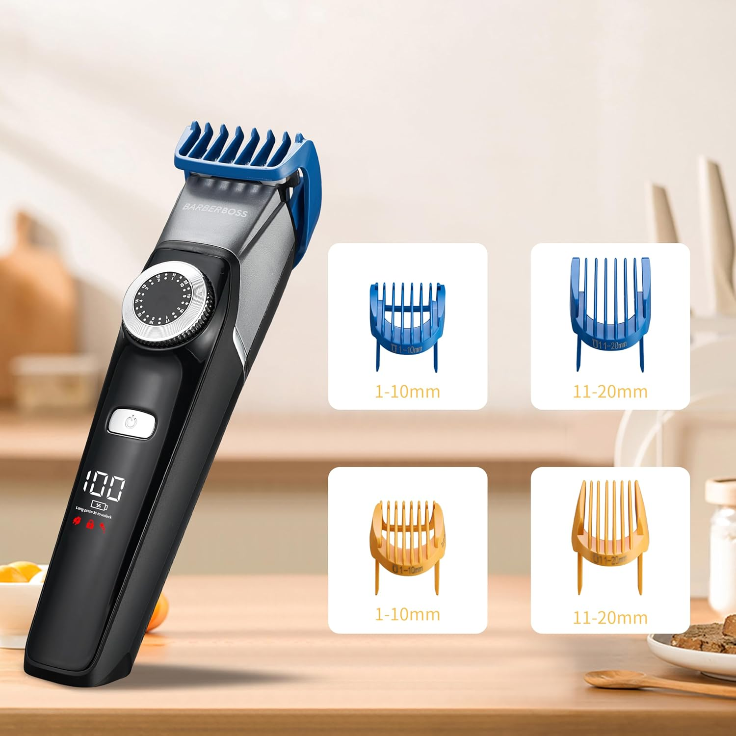 Barberboss 3-In-1 Face Care Set for Men, Hair Trimmer, Beard Trimmer, Detail Cutter, Precision Control Wheel, 4 Guide Combs, USB Rechargeable, LED Display, 100% Waterproof image number 4