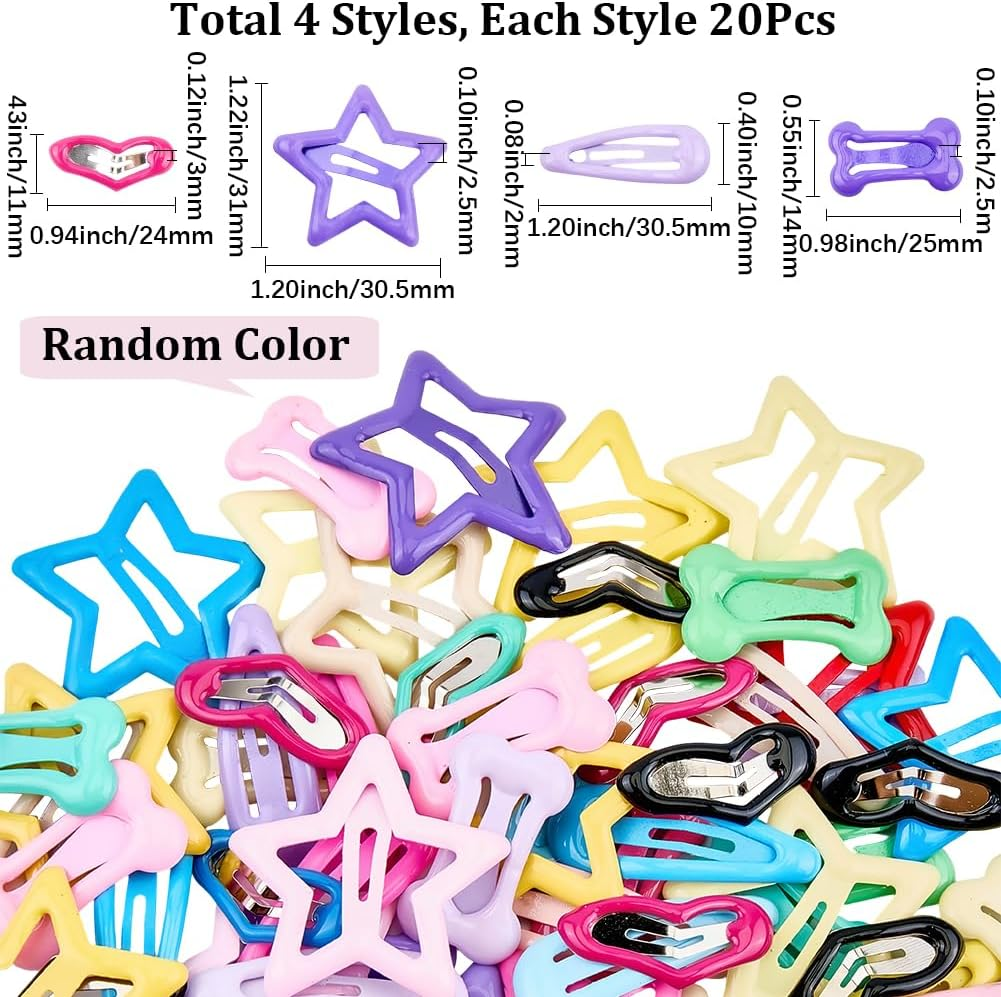SOFPLATE 80Pcs 4 Styles Small Star Hair Clips Colorful Hair Snap Clips Aesthetic Assorted Steel Heart Teardrop Bone Pet Grooming Metal Hairpins Barrettes for Short Long Hairstyle DIY Decor Accessories