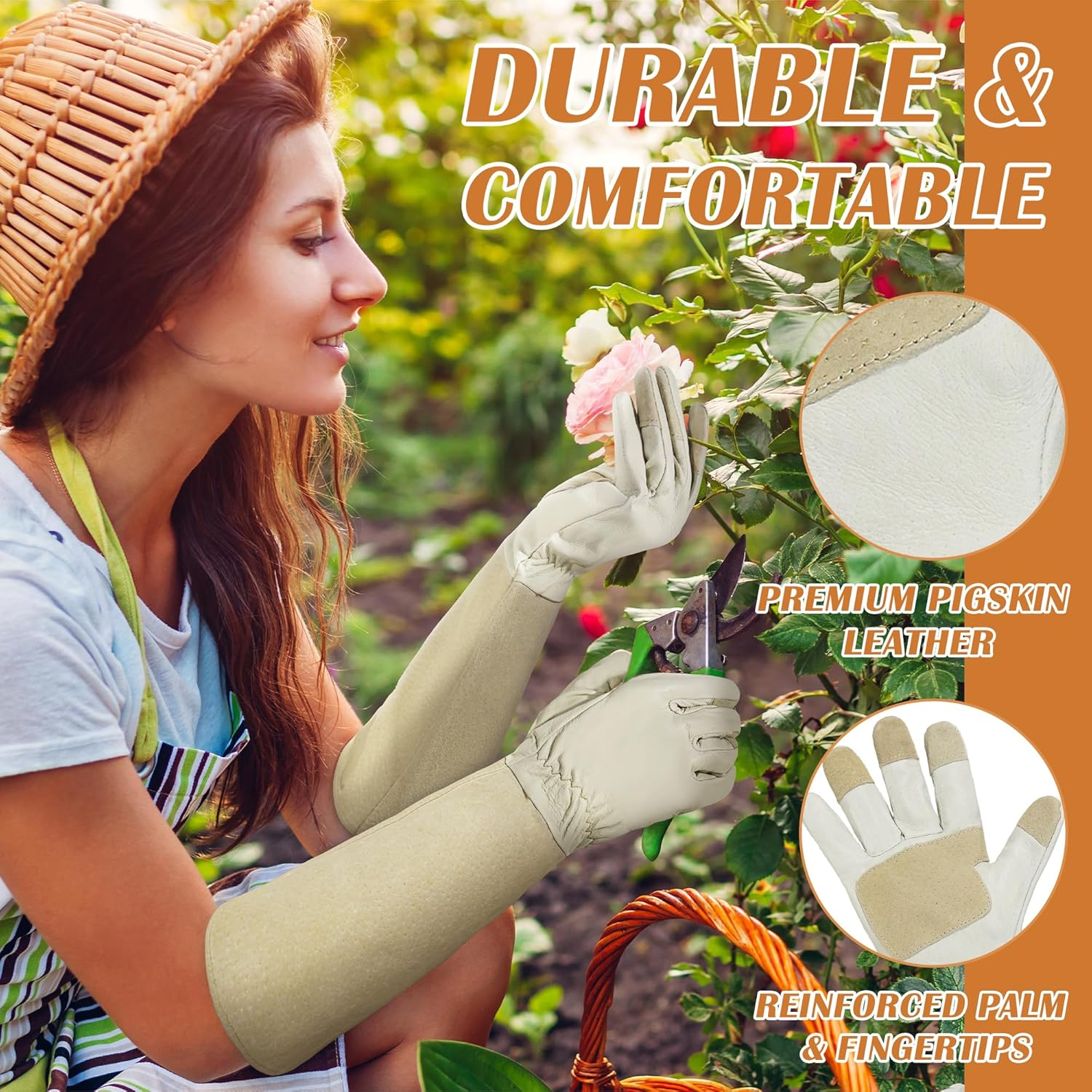 HANDLANDY Pruning Gloves Long for Men & Women, Pigskin Leather Rose Gardening Gloves- Breathable & Durability Gauntlet Glove Medium