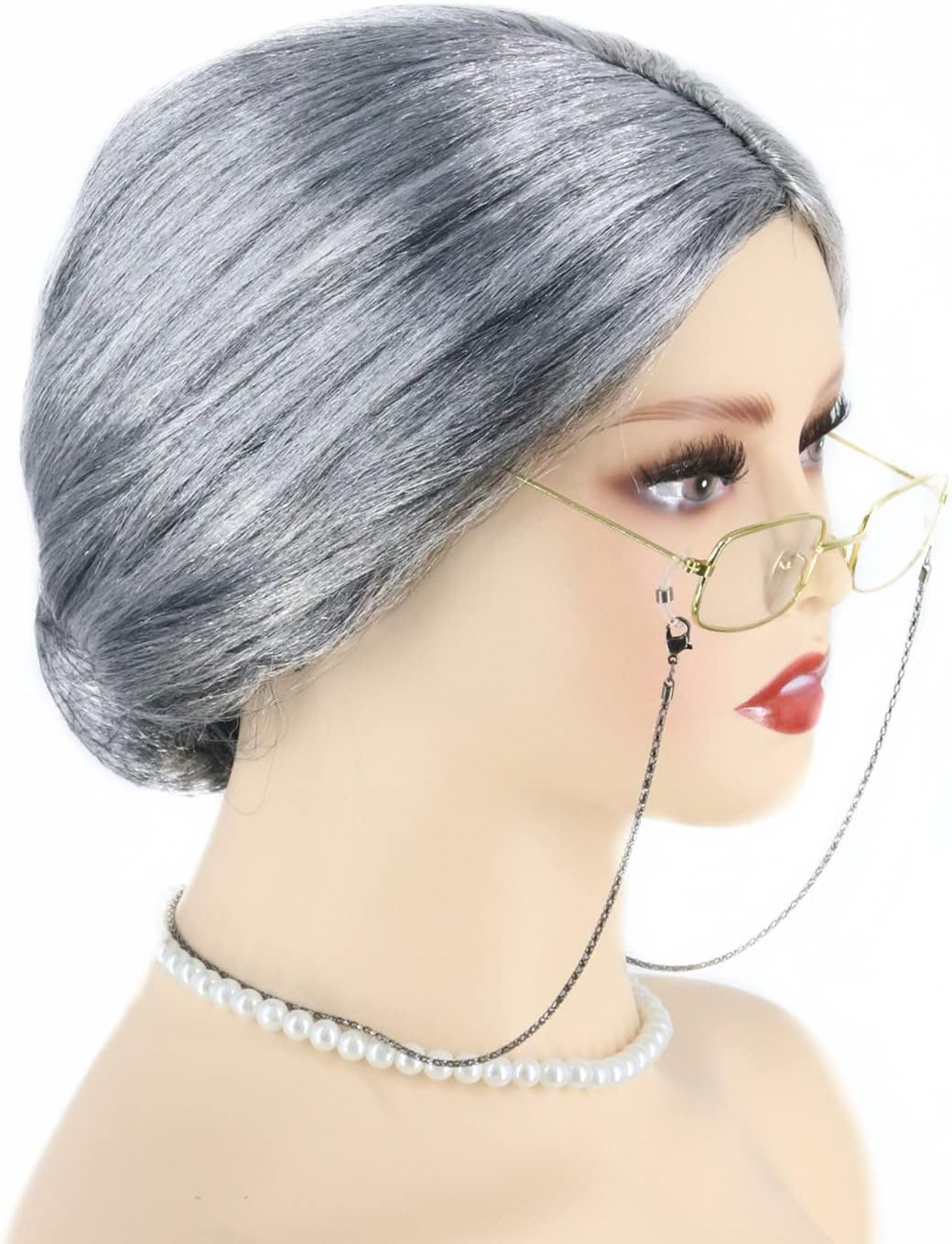 Lemarnia Old Women Wig with Dressing Props Granny Bun Wig Halloween Party Wig (Taupe Brown)