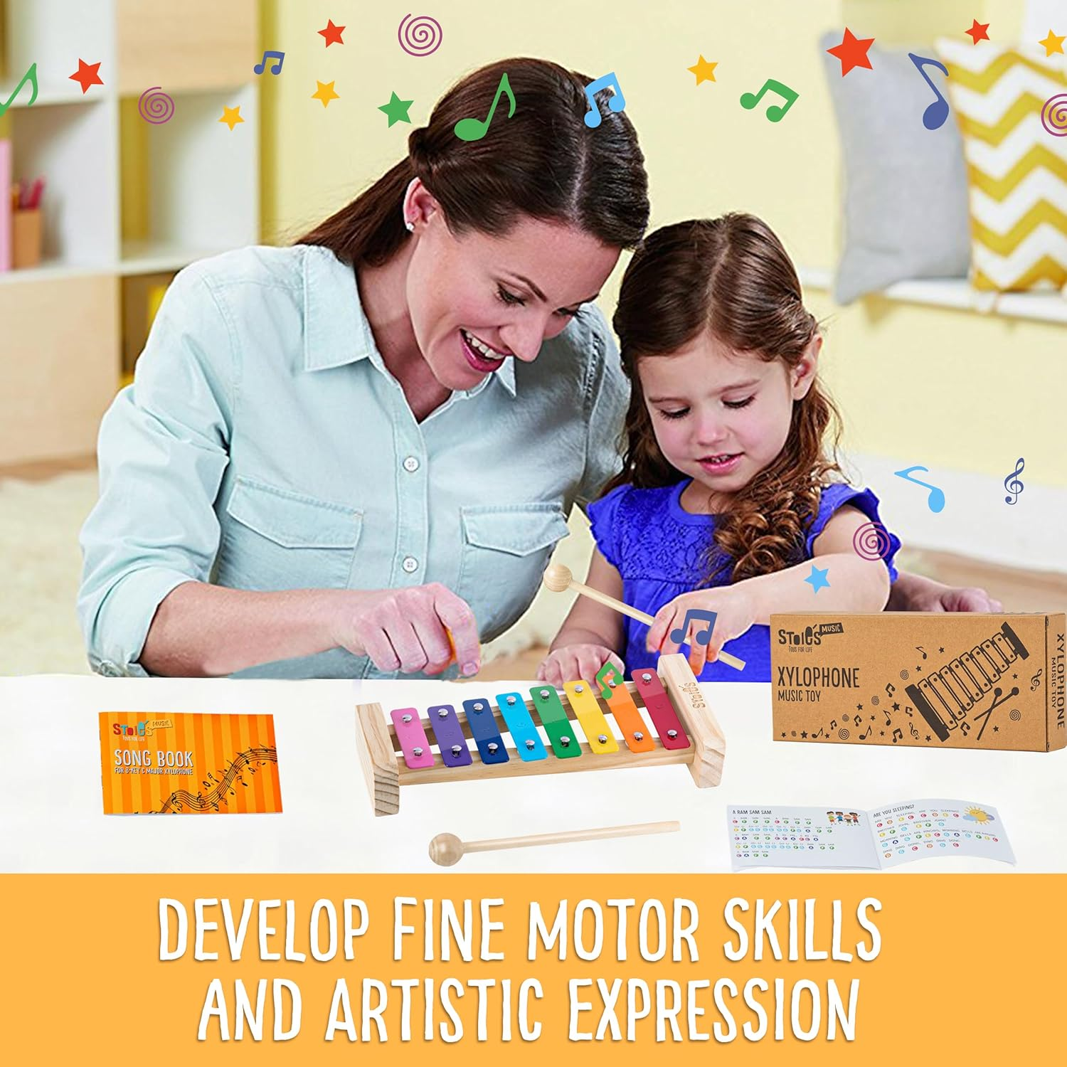 Stoie'S Rainbow Wooden 8 Notes Xylophone for Kids and Toddlers, Tuned C-Key Xylophone with Mallets and Music Songbook, Kids Musical Instrument Educational Montessori Toy image number 6