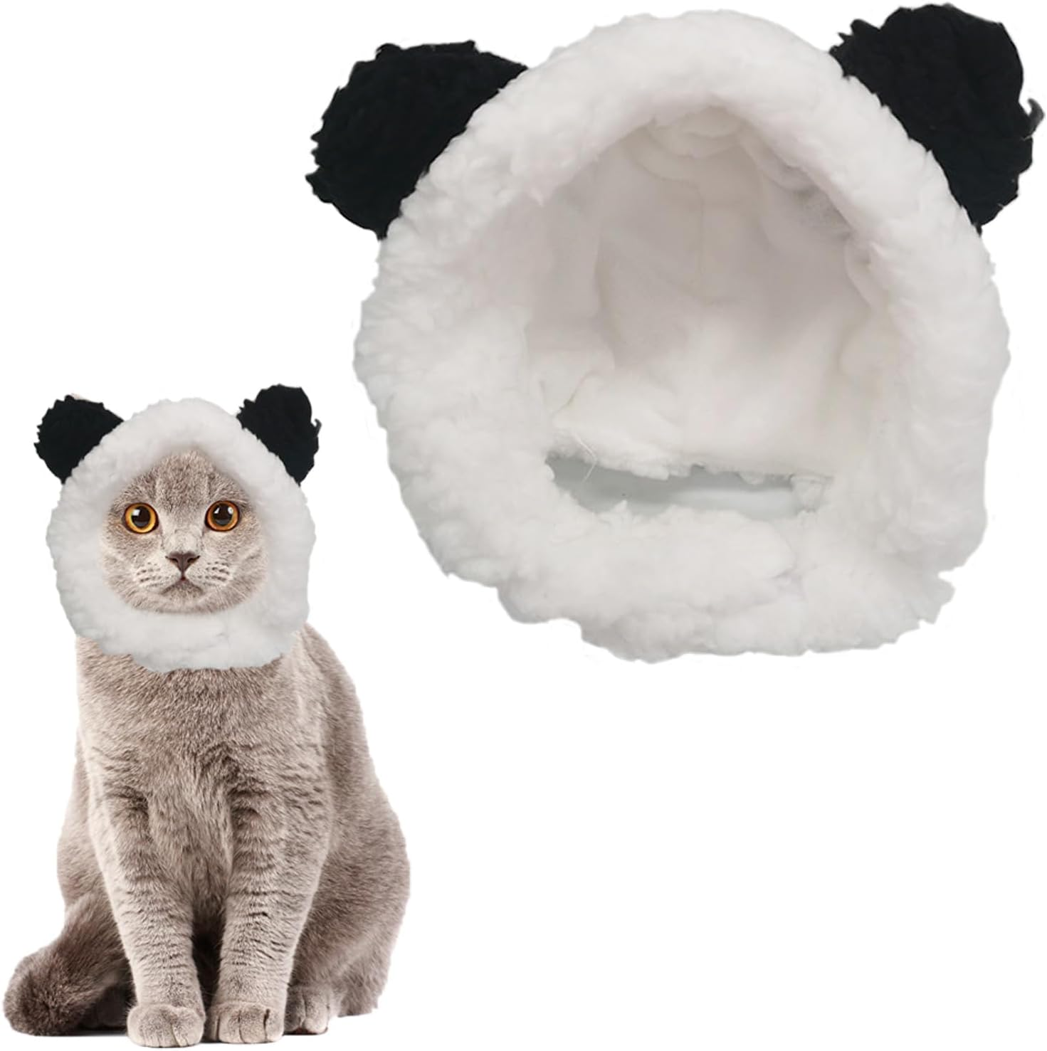 Cat Hat with Bear Ears Cute Cat Costume Bear Hat Adjustable Soft Plush Pet Headband Dress up Party Headwear Accessories for Small Puppy Dog Kitten (White+Black) image number 2