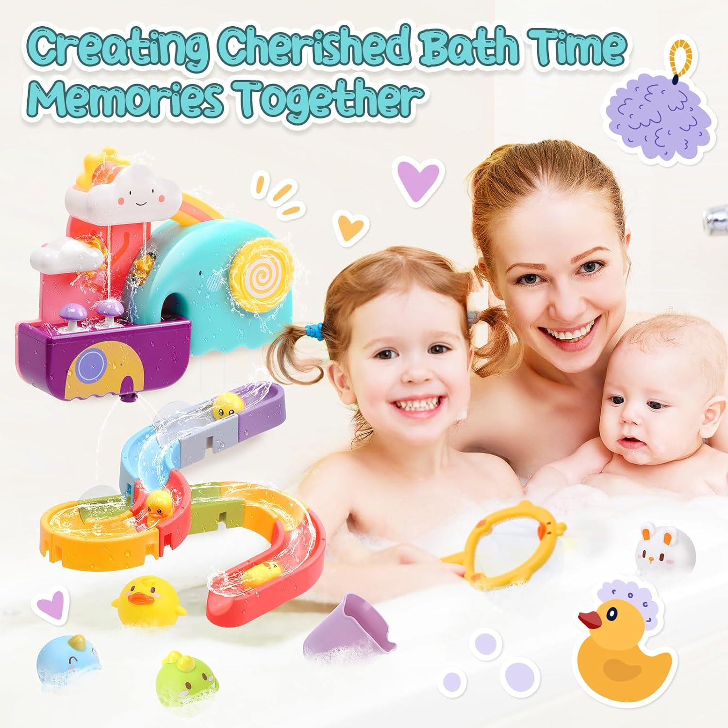 CUTE STONE Baby Bath Toys, Bathtub Toy W/ Water Slide Building Track, No Hole Floating Squirting Toys, Duck Fishing Net Game, Toddler Shower Toys, Water& Pool Toys, Educational Gifts for Boys Girls image number 6
