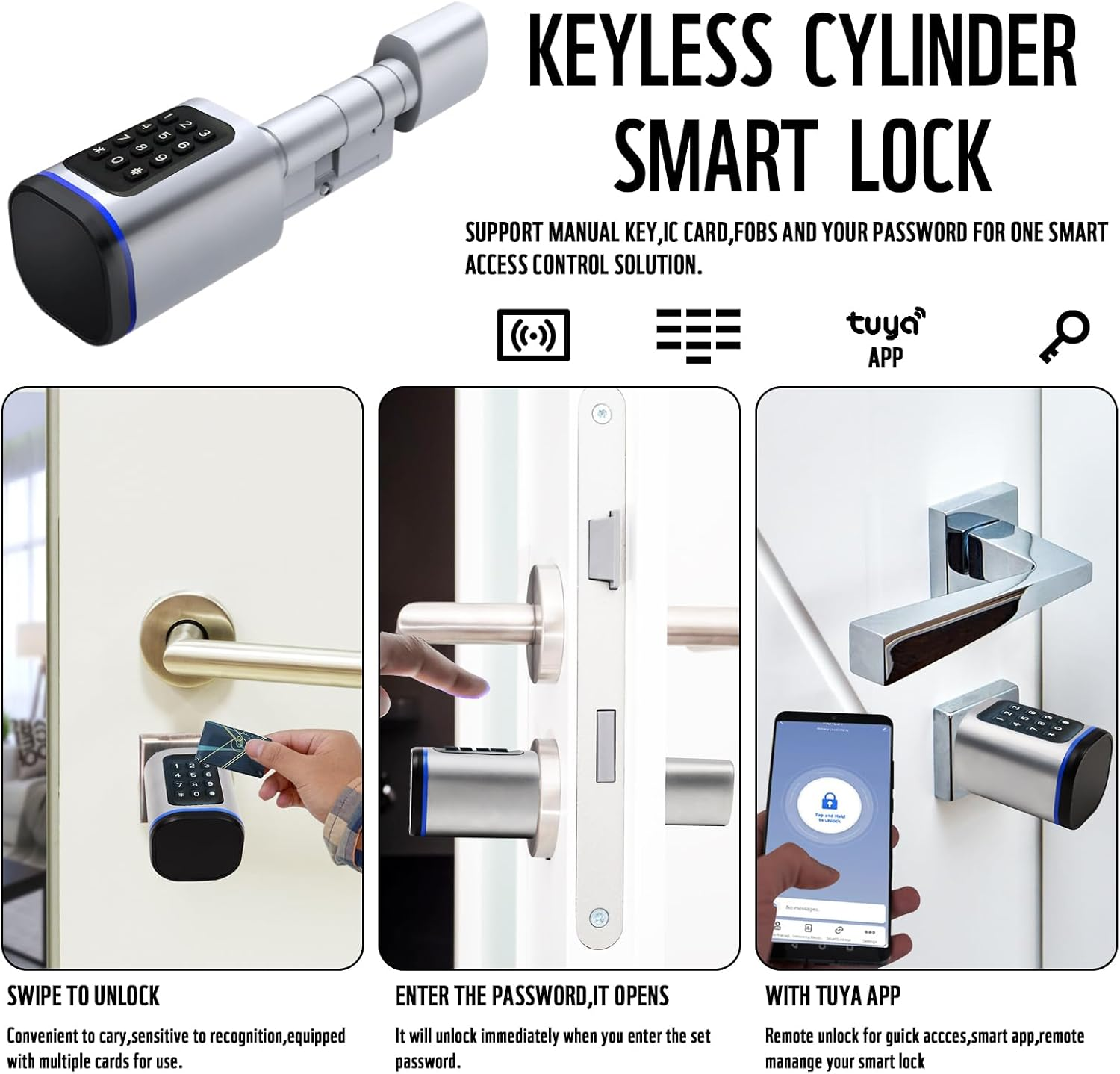 Smart Door Lock, Euro Door Smart Cylinder Lock, Electronic Locks Applicable to Wooden Iron Security Door (Silver) image number 1