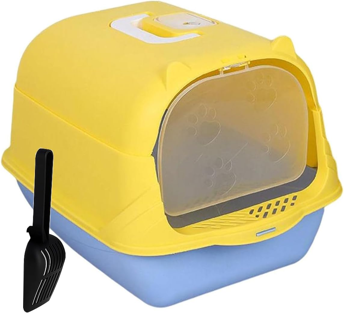AIMALL Oversized Enclosed Cat Litter Box with Flip-Top Lid, Detachable Splash-Proof Covered Toilet for Cats with Dual-Entry Door, Handle, and Scoop &ndash; Blue+Yellow, Purple, Black