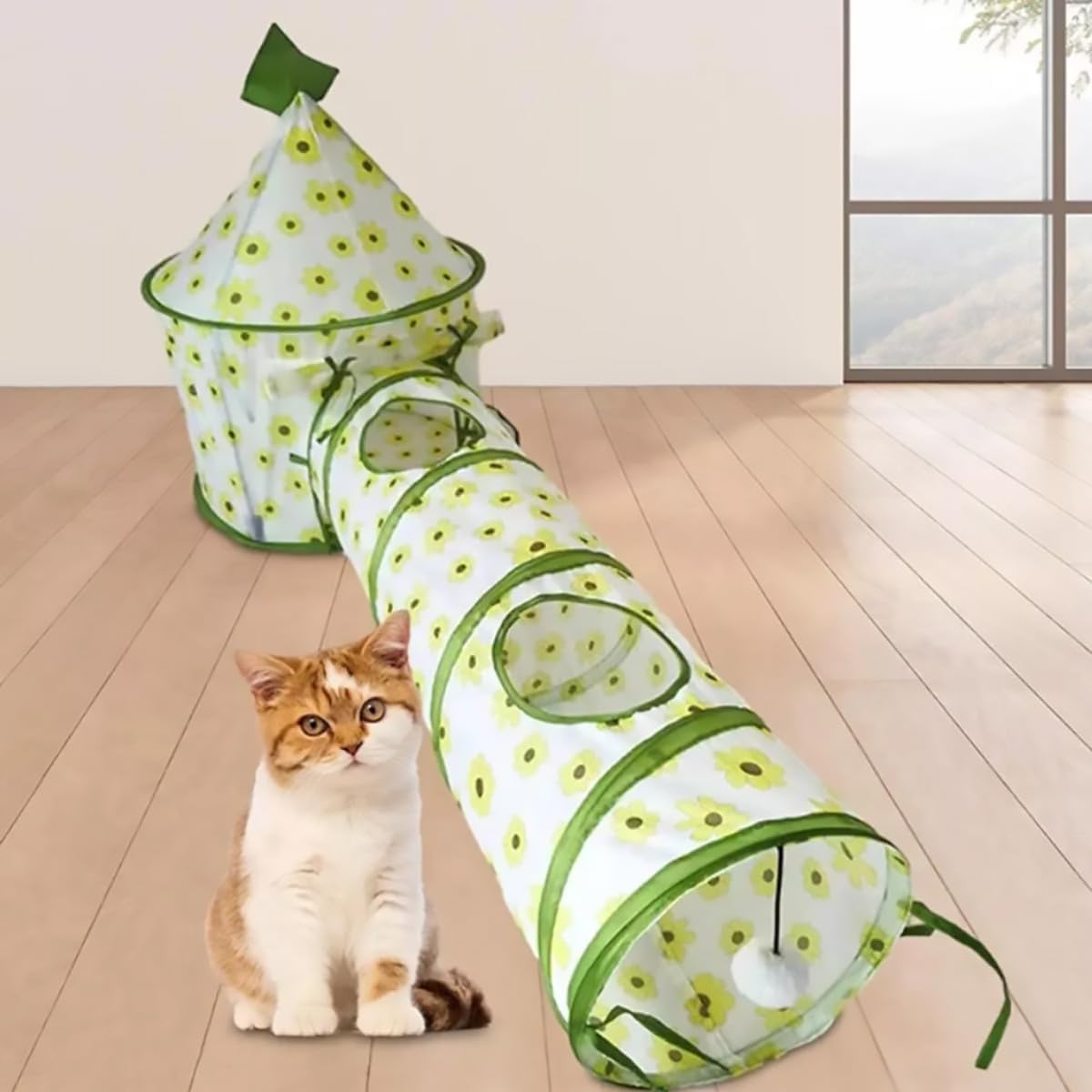 AIMALL Foldable Cat Tunnel and Tent Set 17.7X25.2 in Tent with 9.8X37In Tunnel Polyester Indoor Playhouse for Kittens Sleeping Crawling Drilling Interactive Cat Toy - Daisy image number 4