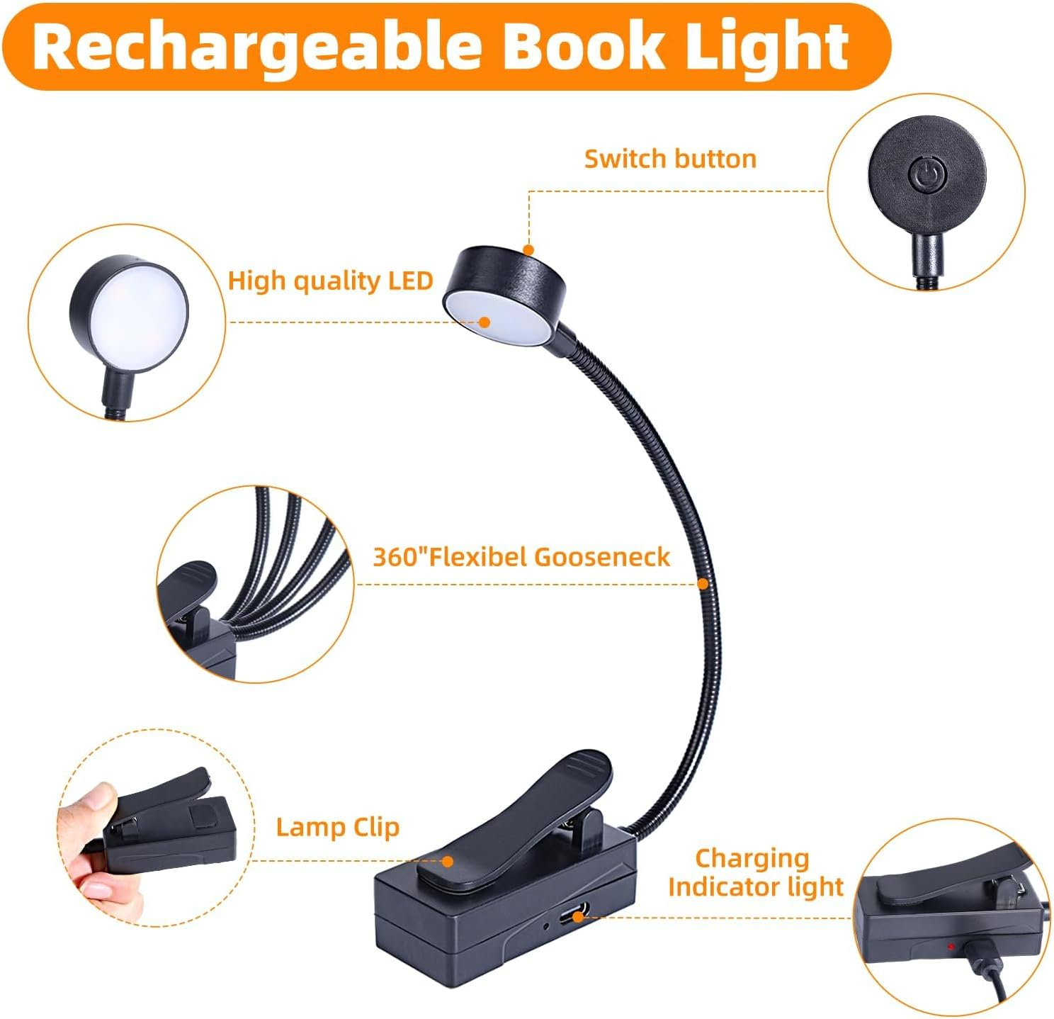 Kunhe 5 Pack Rechargeable Book Light Bulk Clip-On Reading Lights for Books in Bed Long-Lasting 3 Modes & 3 Brightness Levels Compact USB Charging Mini Booklights for Kids Book Lovers Bulk Gifts image number 2