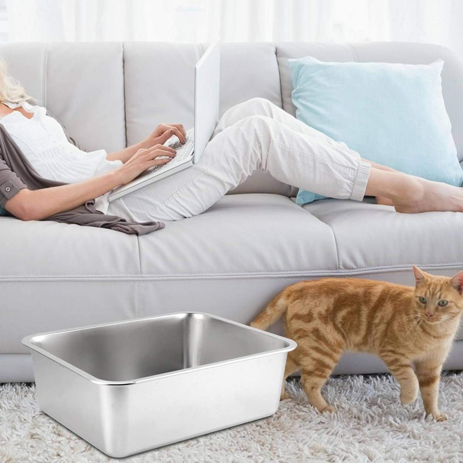 Cat Metal Kitten Litter Pan Kitten Potty Pan Rustproof Smooth Surface Top Open High Sides, 45X35X10Cm image number 4